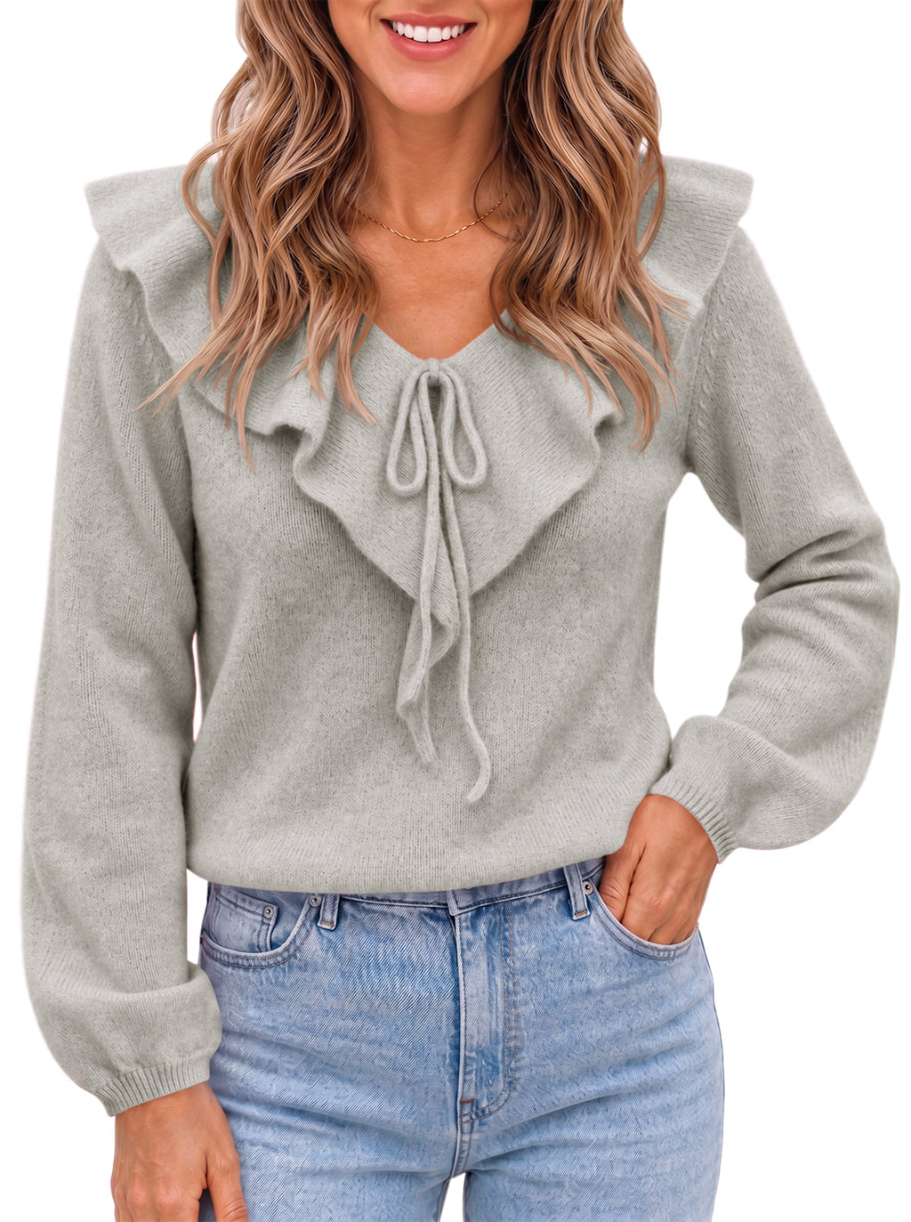 usvara Womens Ruffle V Neck Sweaters