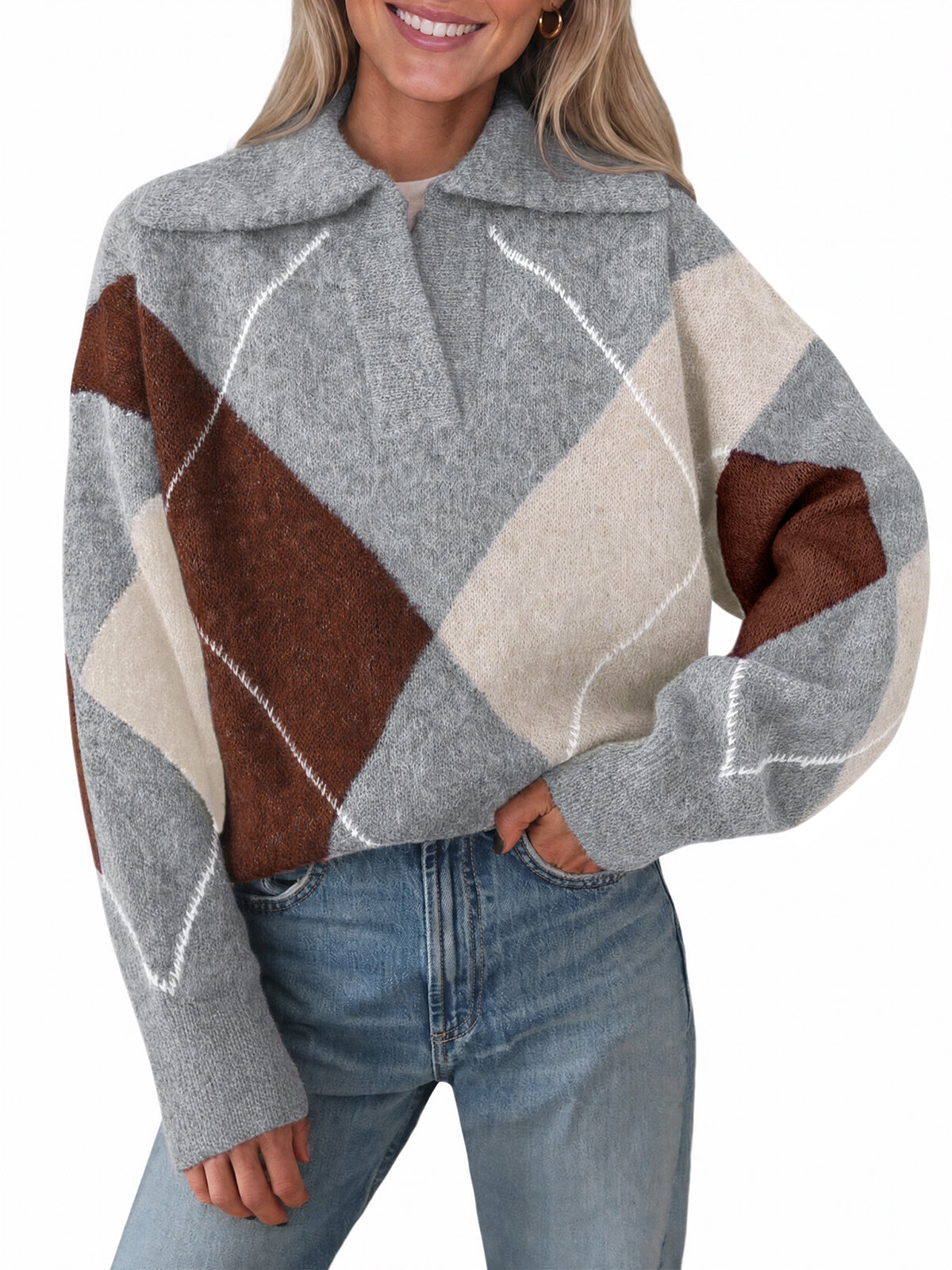 usvara Womens Collared V Neck Argyle Sweater