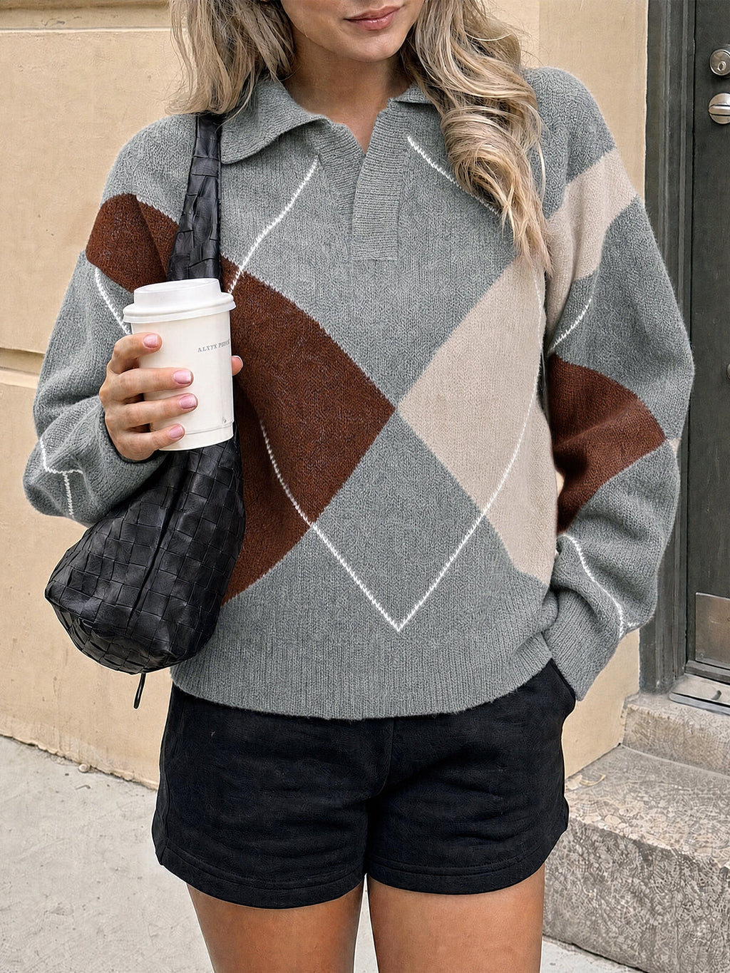 usvara Womens Collared V Neck Argyle Sweater