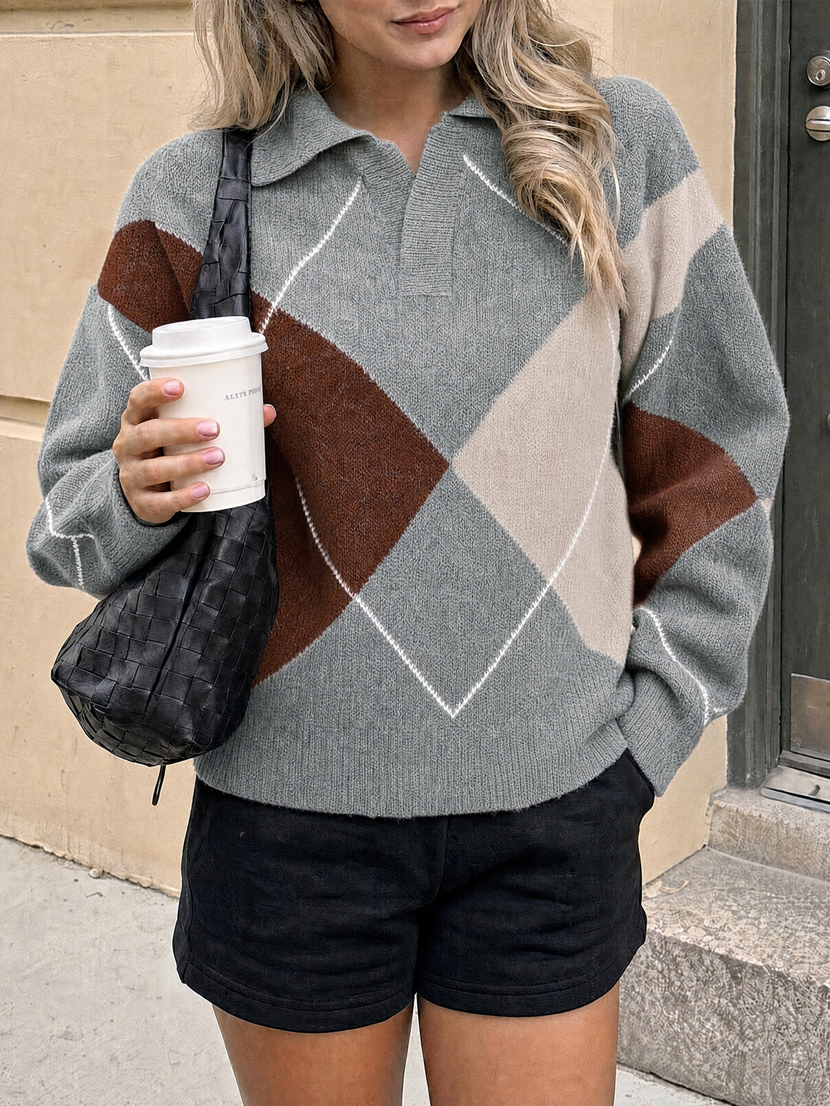 usvara Womens Collared V Neck Argyle Sweater