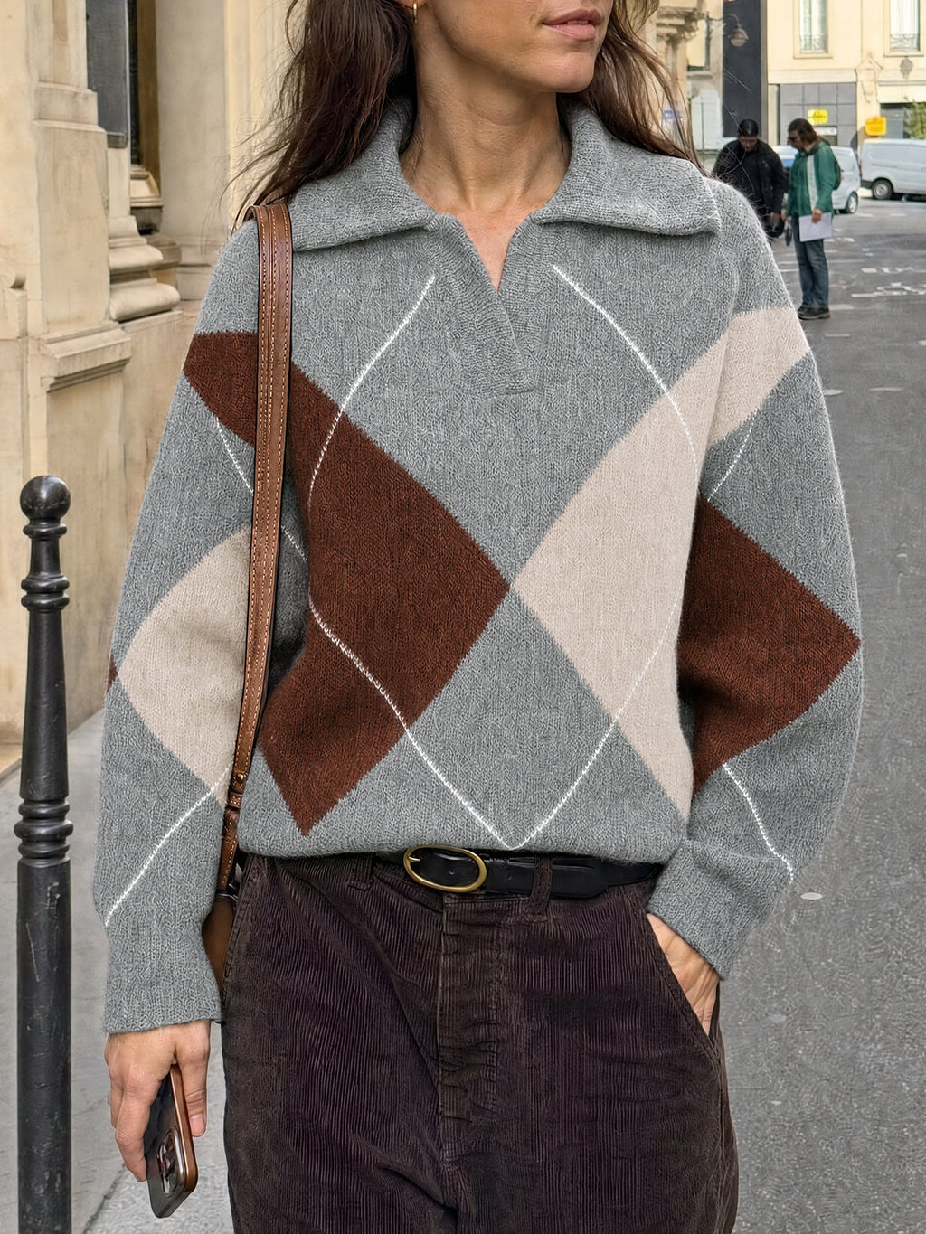 usvara Womens Collared V Neck Argyle Sweater