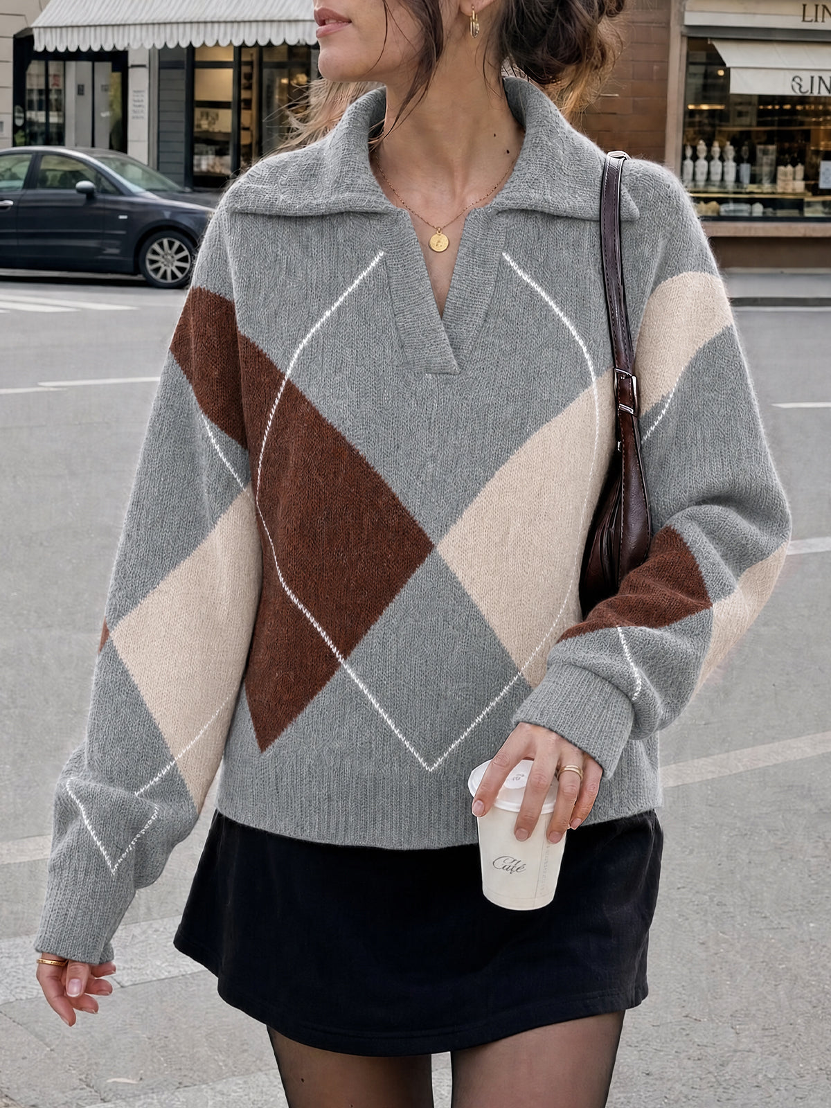 usvara Womens Collared V Neck Argyle Sweater