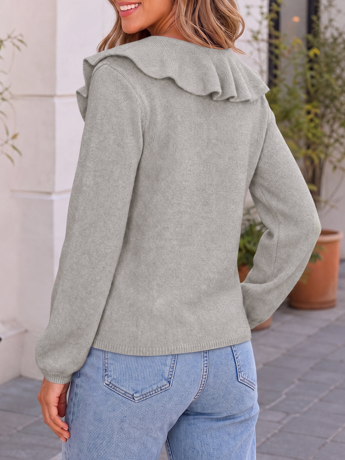 usvara Womens Ruffle V Neck Sweaters