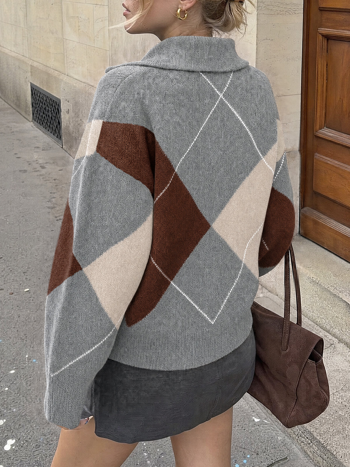 usvara Womens Collared V Neck Argyle Sweater