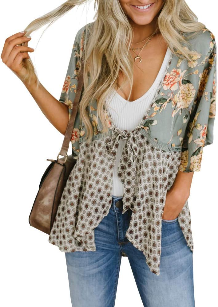 usvara Womens Tie Front Floral Kimono Cardigans