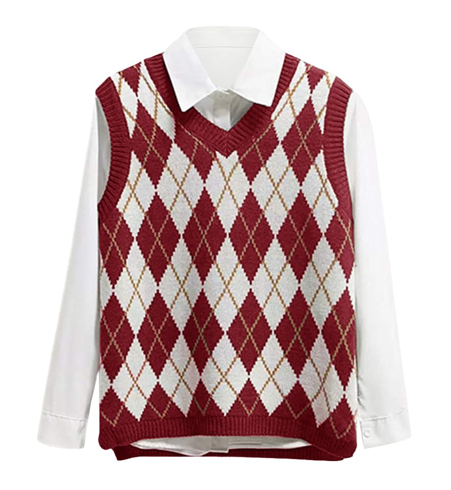 usvara Womens V Neck Argyle Knit Tops