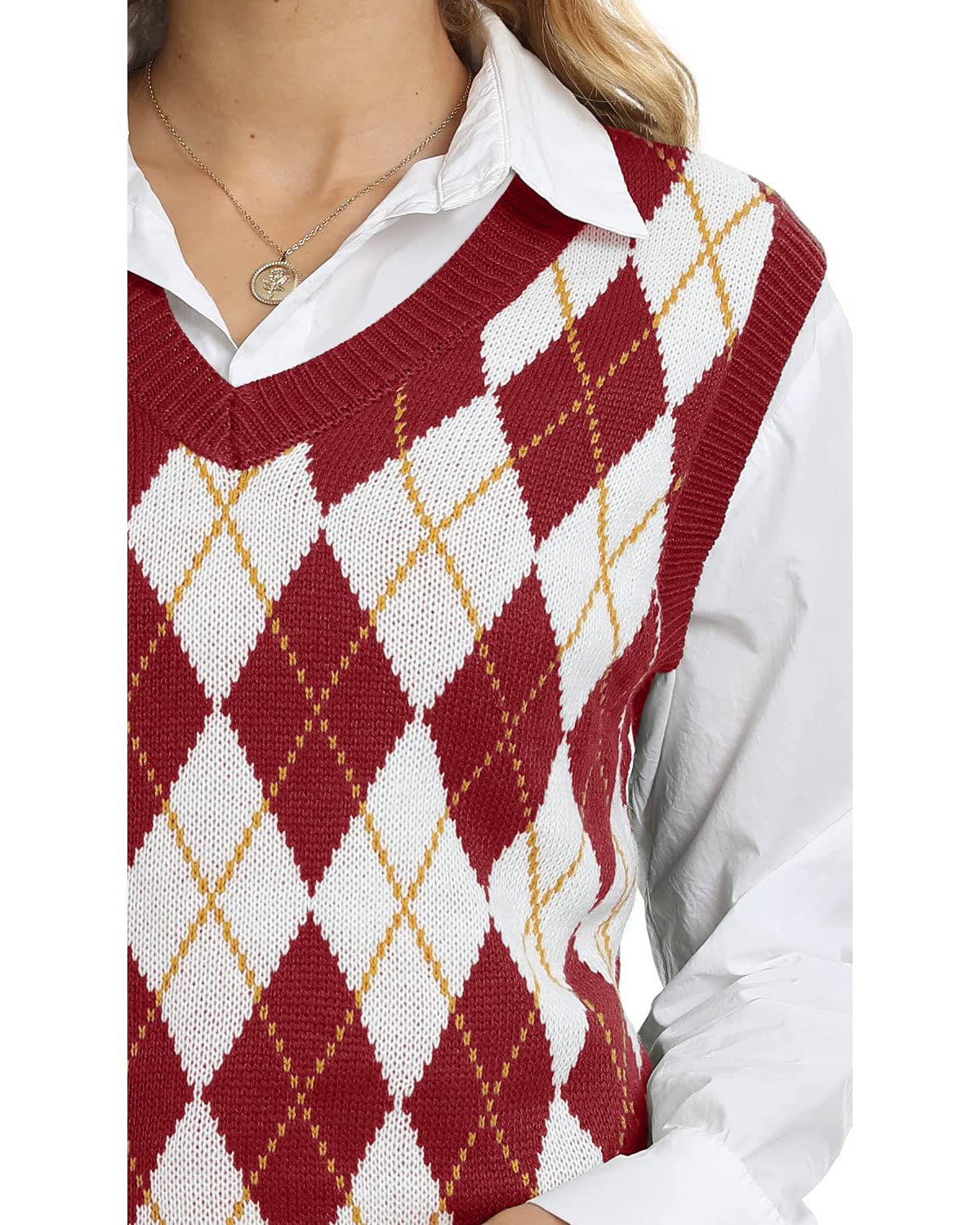 usvara Womens V Neck Argyle Knit Tops