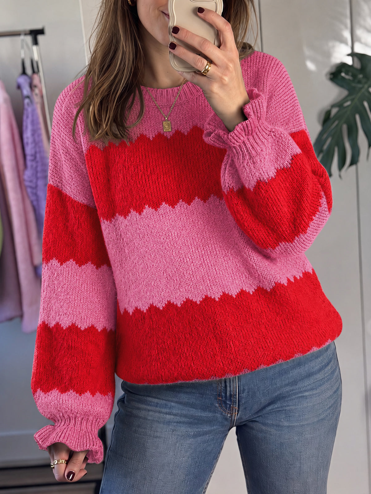 usvara Womens Striped Color Block Ruffle Sweaters