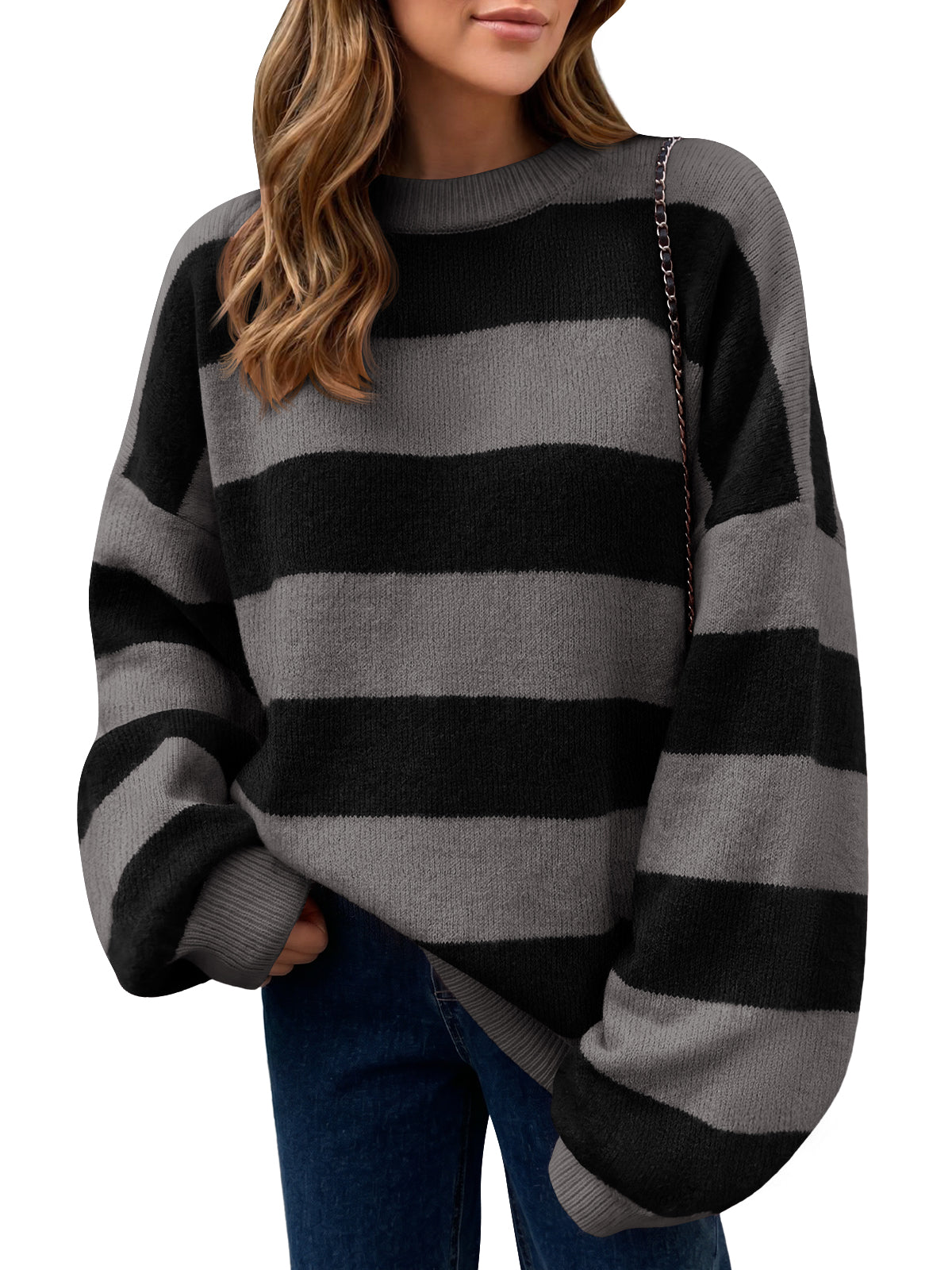 usvara Womens Oversized Striped Knit Block Sweaters