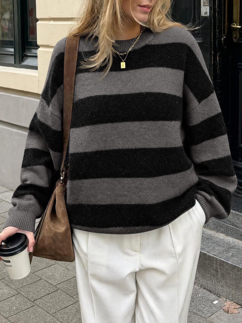 usvara Womens Oversized Striped Knit Block Sweaters