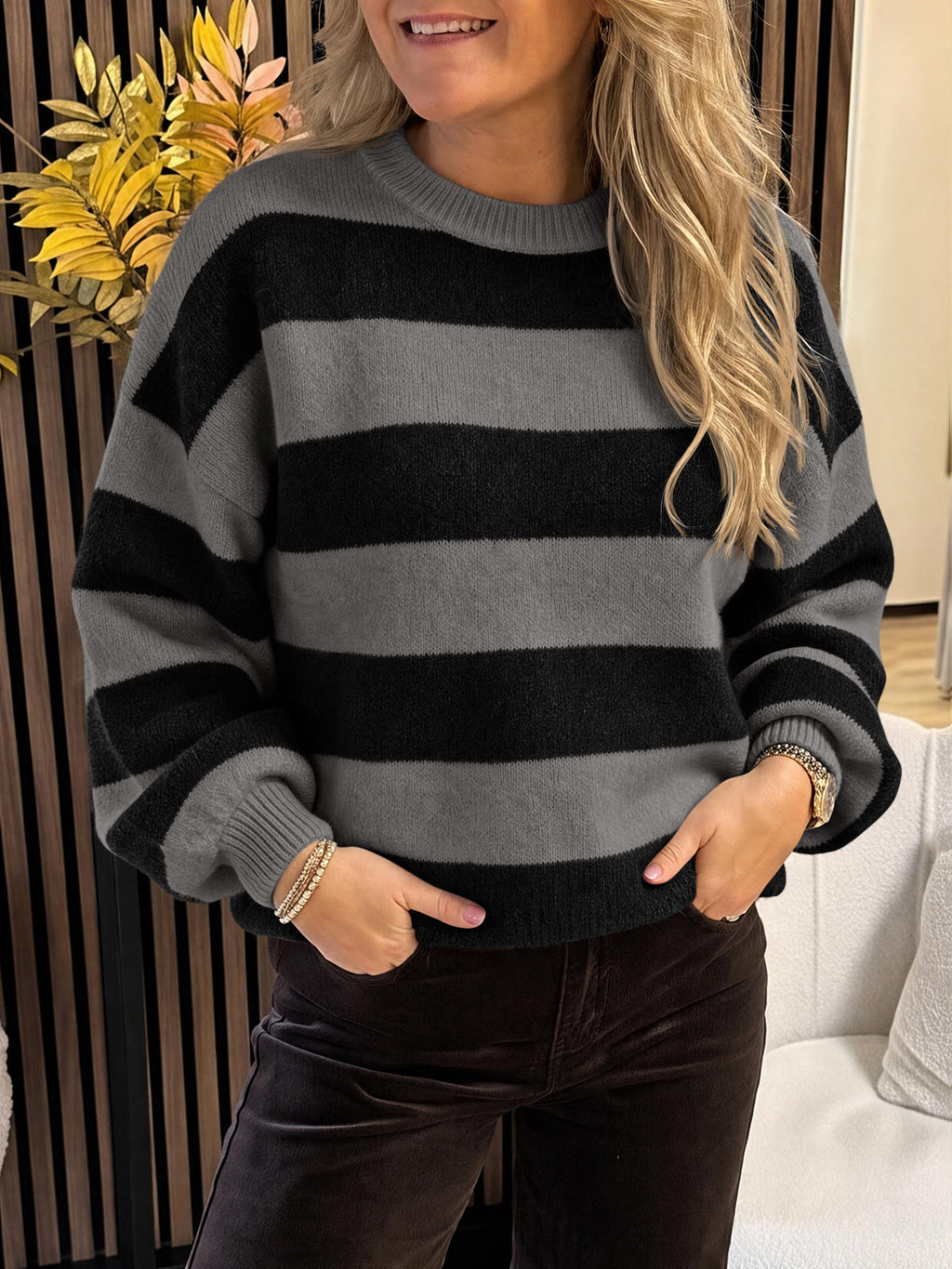 usvara Womens Oversized Striped Knit Block Sweaters