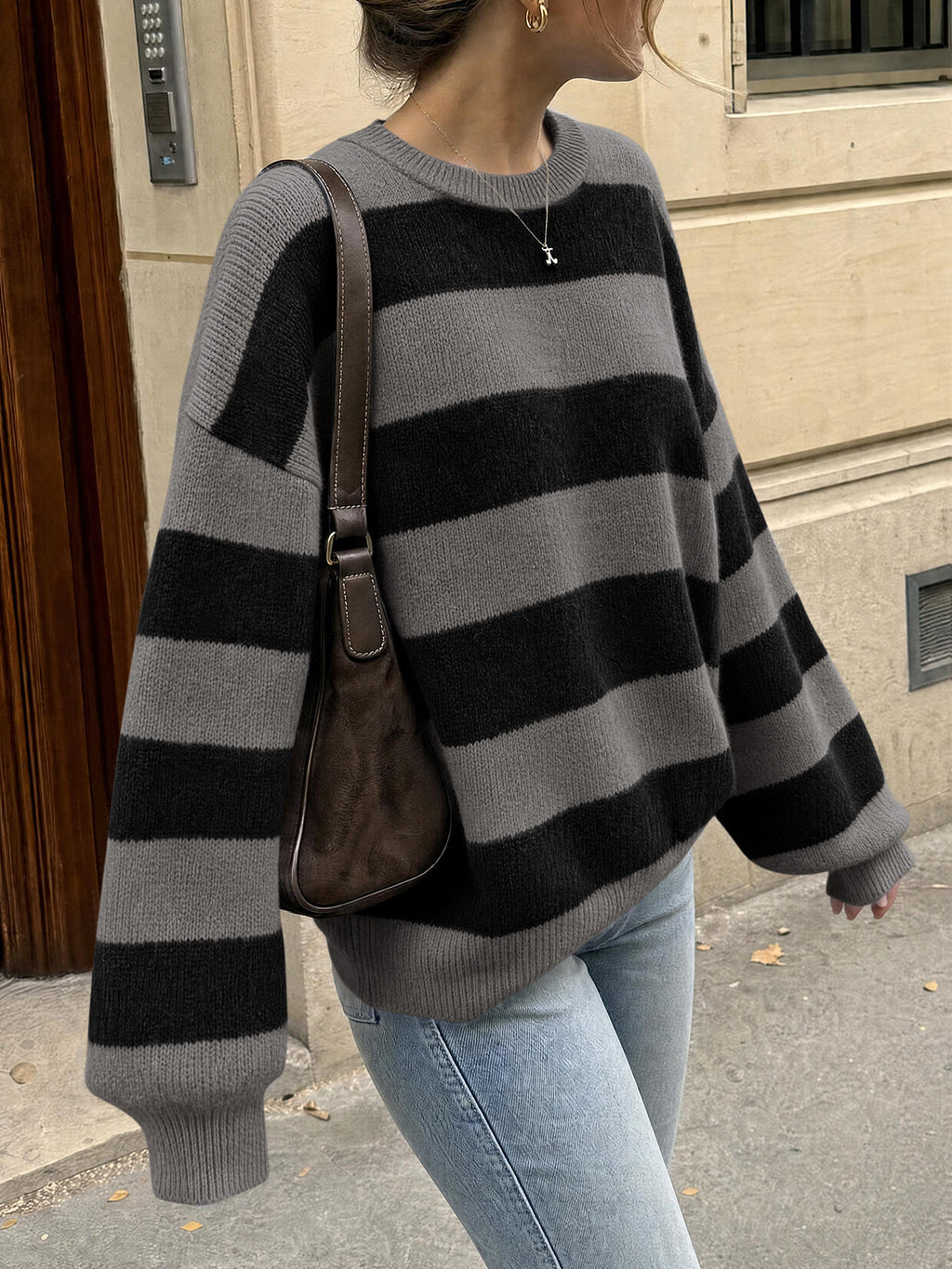 usvara Womens Oversized Striped Knit Block Sweaters