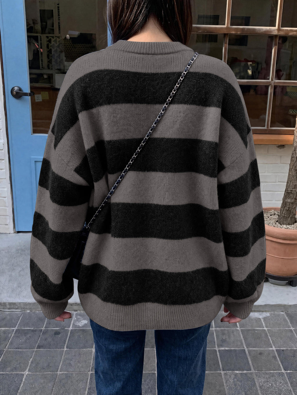 usvara Womens Oversized Striped Knit Block Sweaters