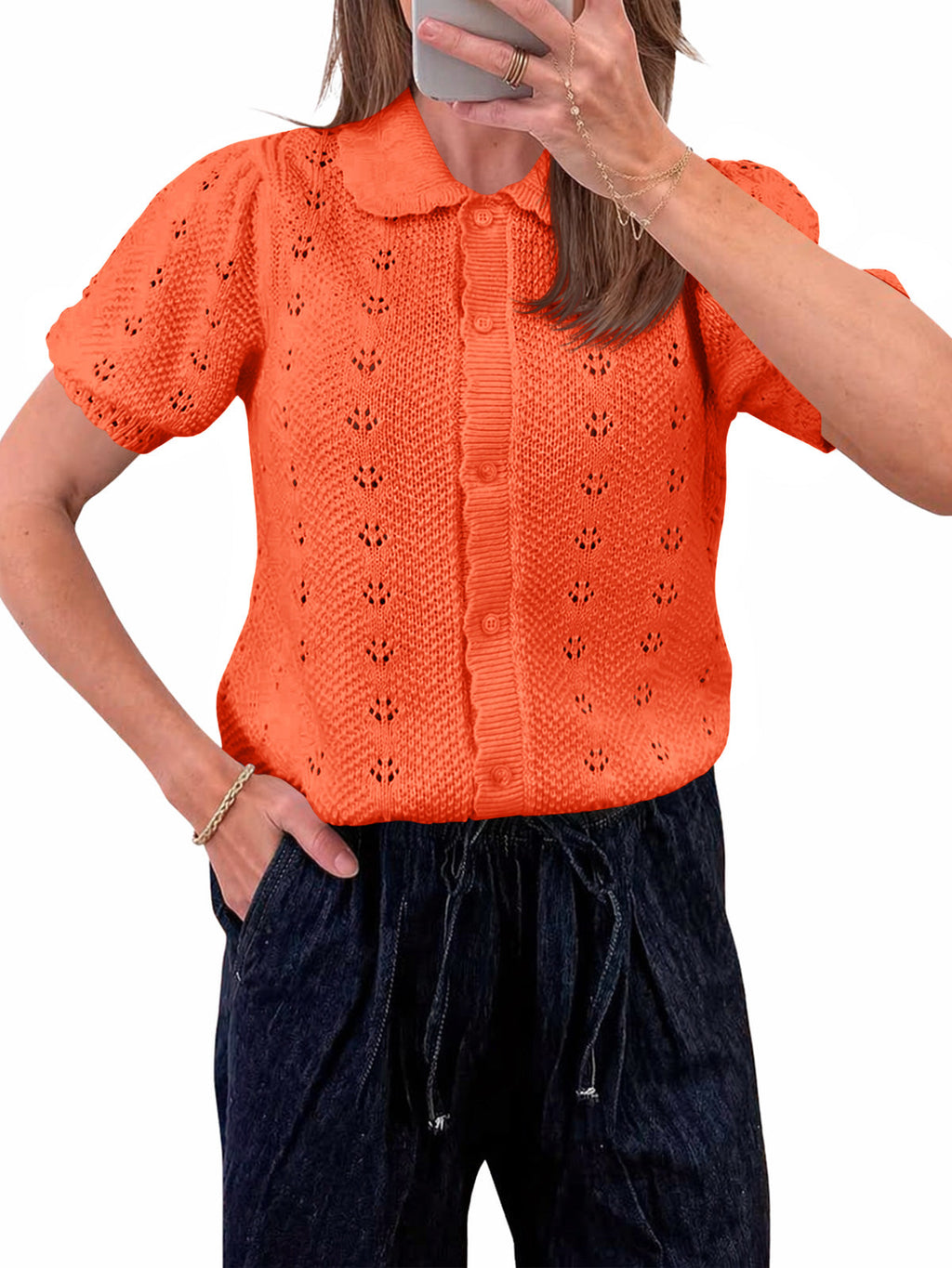 usvara Women Crochet Puff Sleeve Cardigan