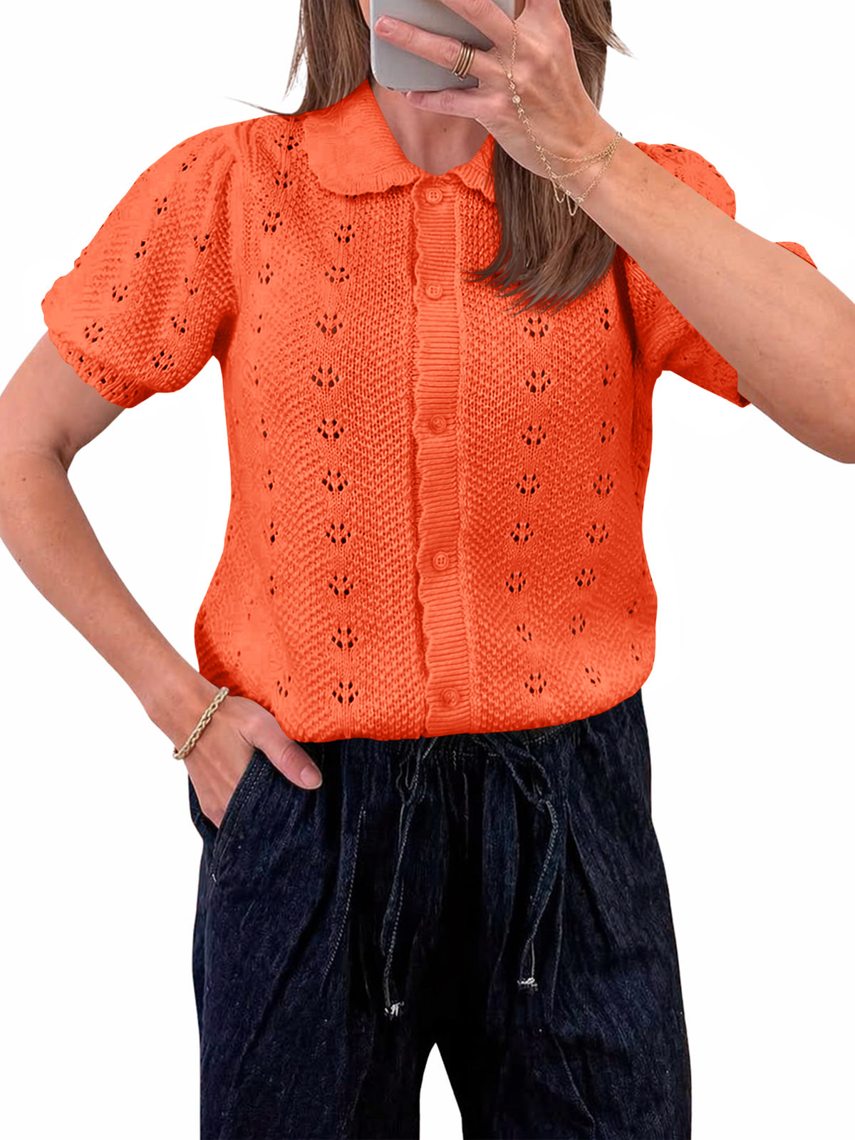 usvara Women Crochet Puff Sleeve Cardigan