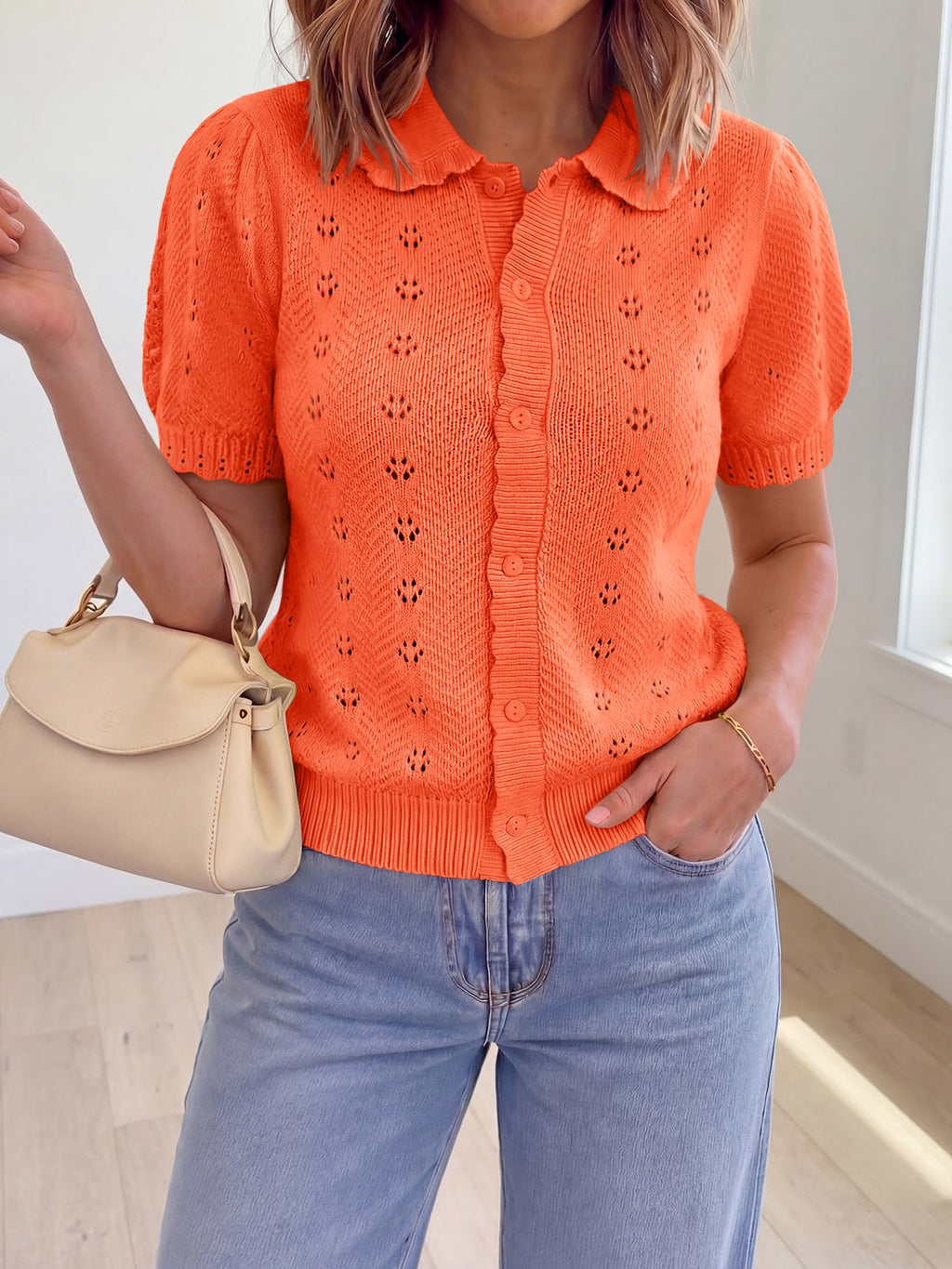 usvara Women Crochet Puff Sleeve Cardigan