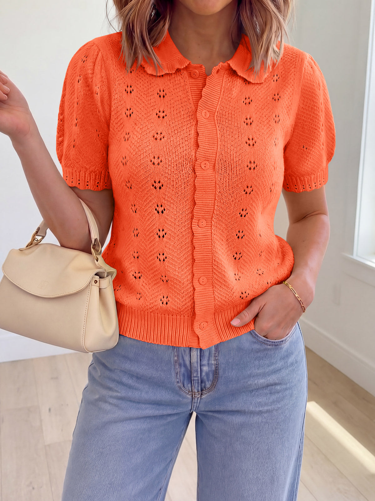 usvara Women Crochet Puff Sleeve Cardigan