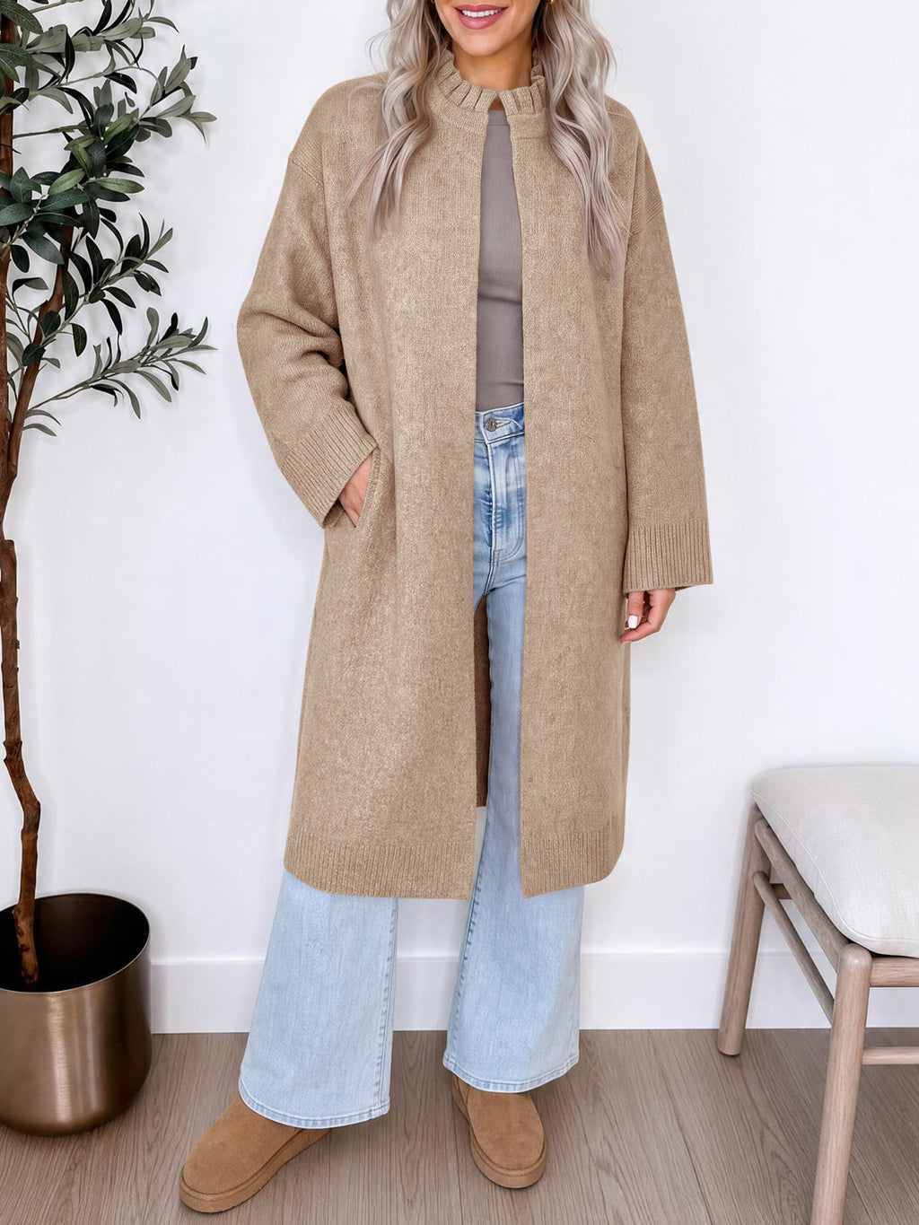 usvara Womens Ruffle Mock Neck Long Cardigan