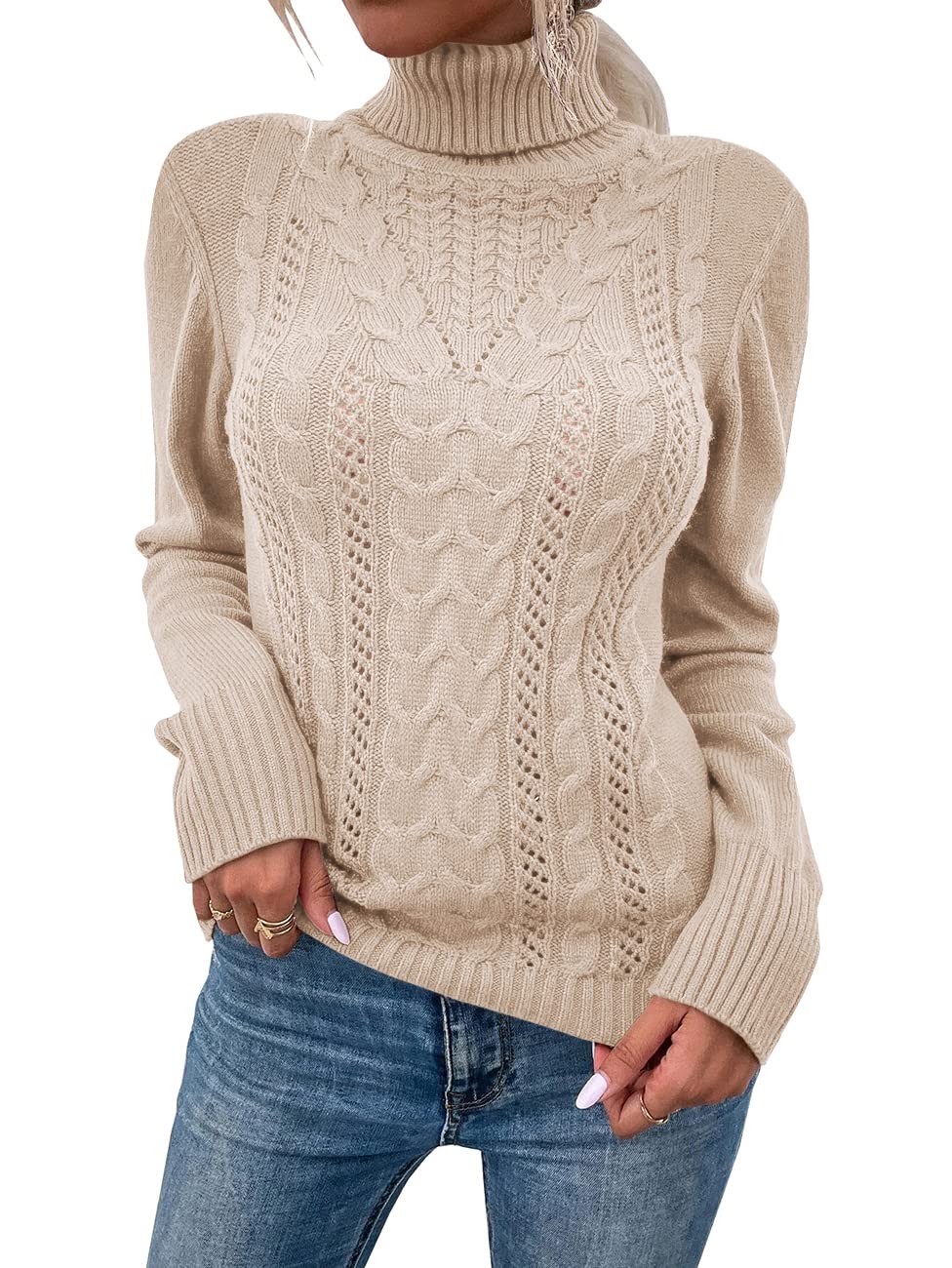 usvara Women Turtleneck Cable Knit Sweater