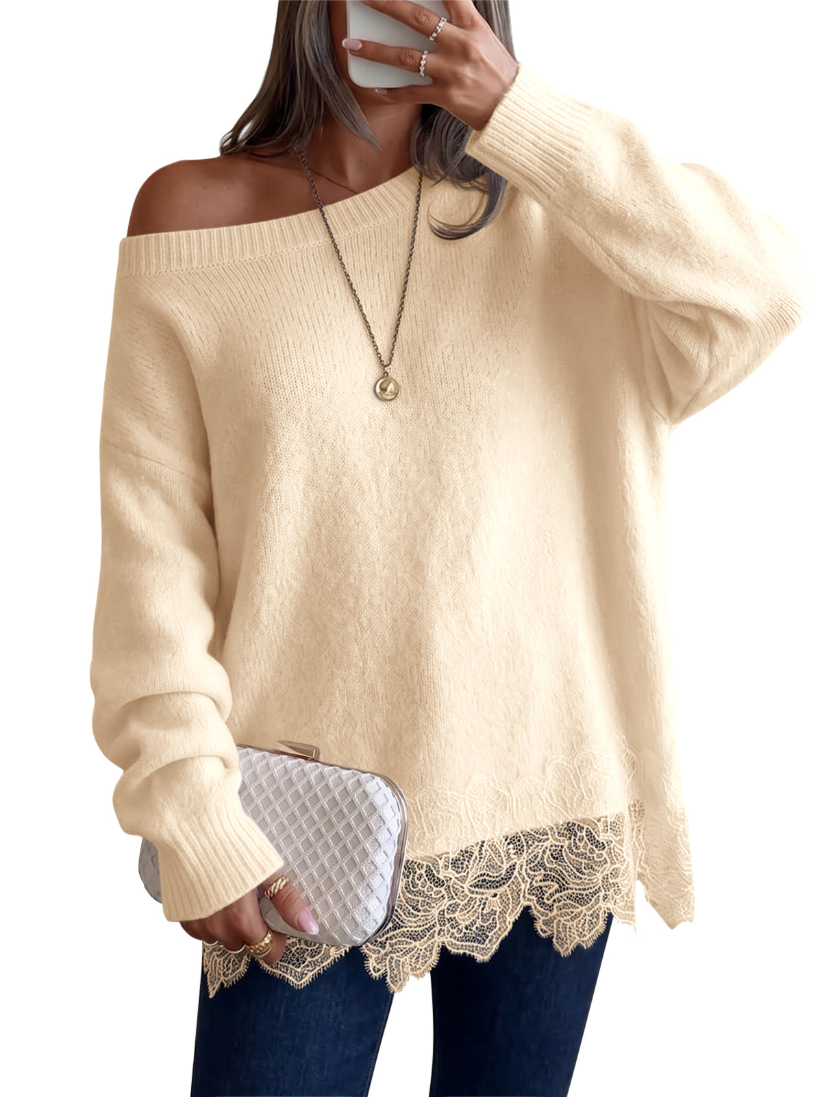 usvara Women Lace Patchwork Sweater