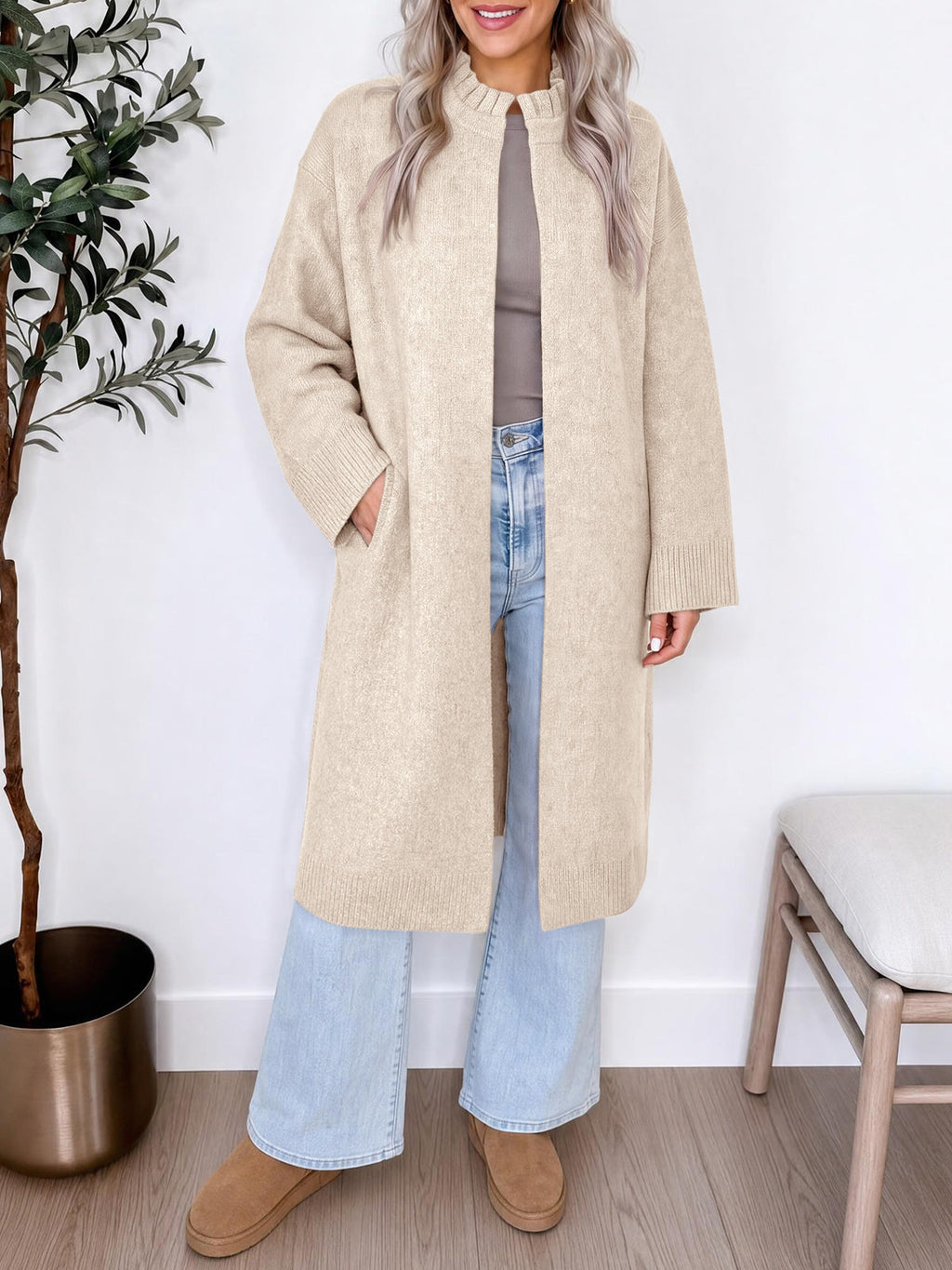 usvara Womens Ruffle Mock Neck Long Cardigan