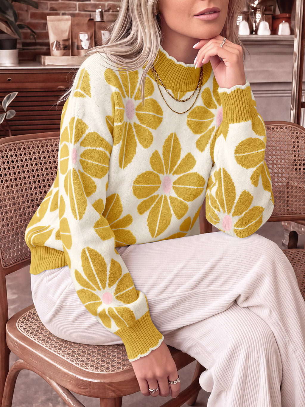 usvara Womens Mock Neck Floral Knit Sweater