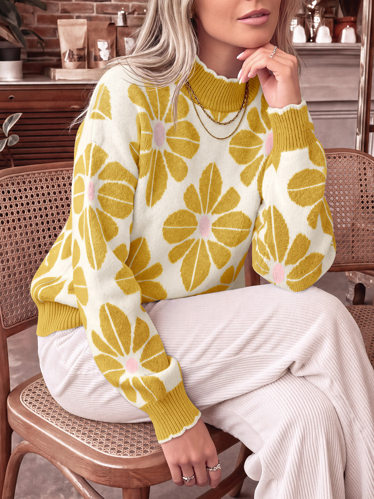 usvara Womens Mock Neck Floral Knit Sweater