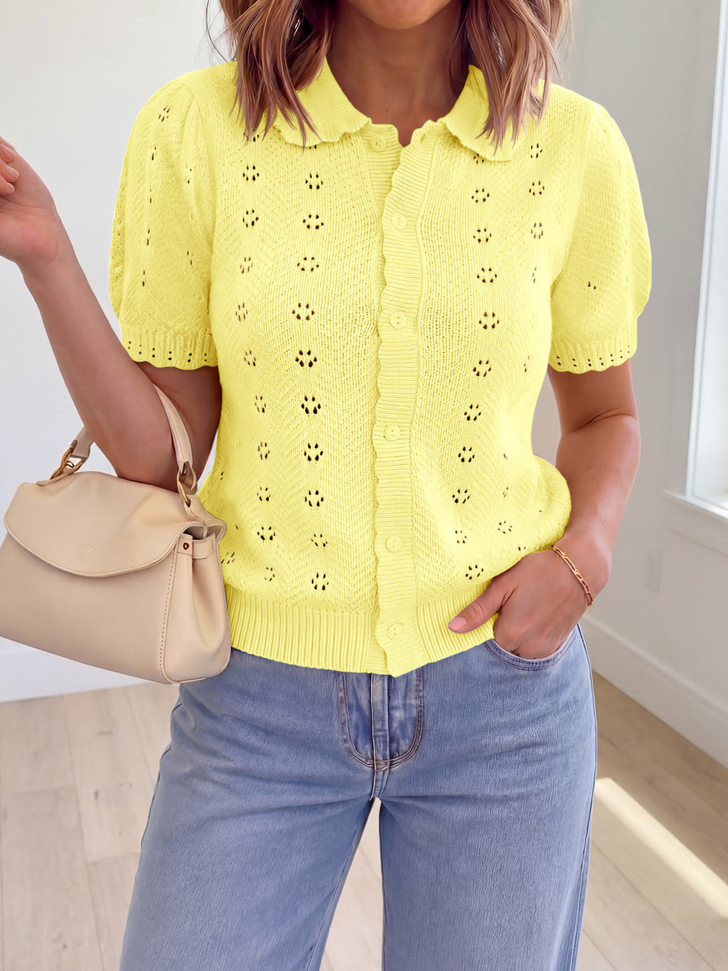 usvara Women Crochet Puff Sleeve Cardigan