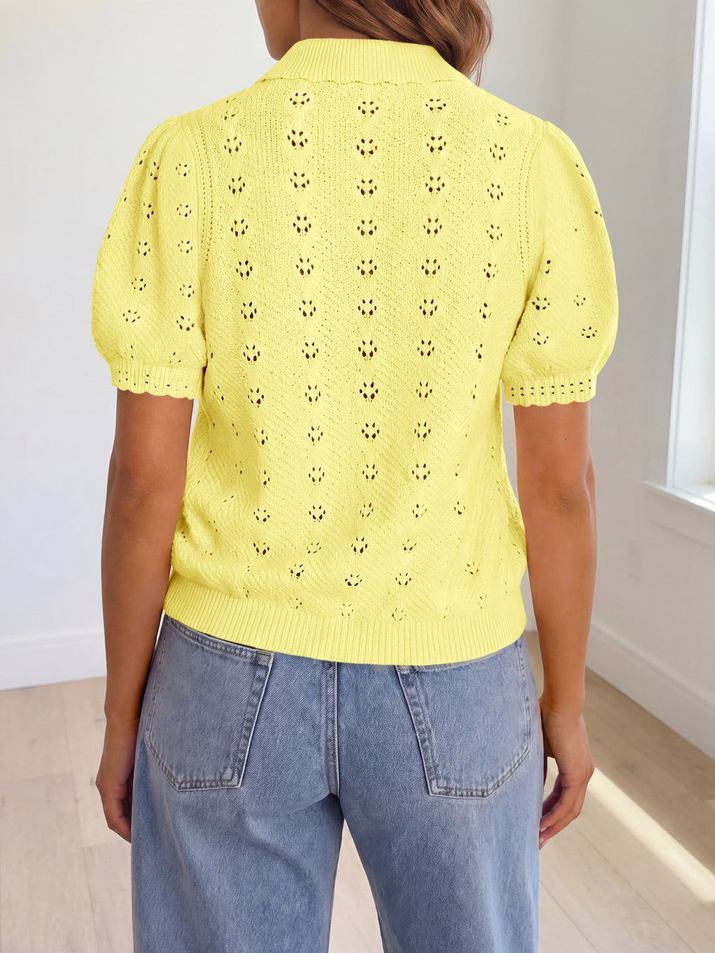 usvara Women Crochet Puff Sleeve Cardigan