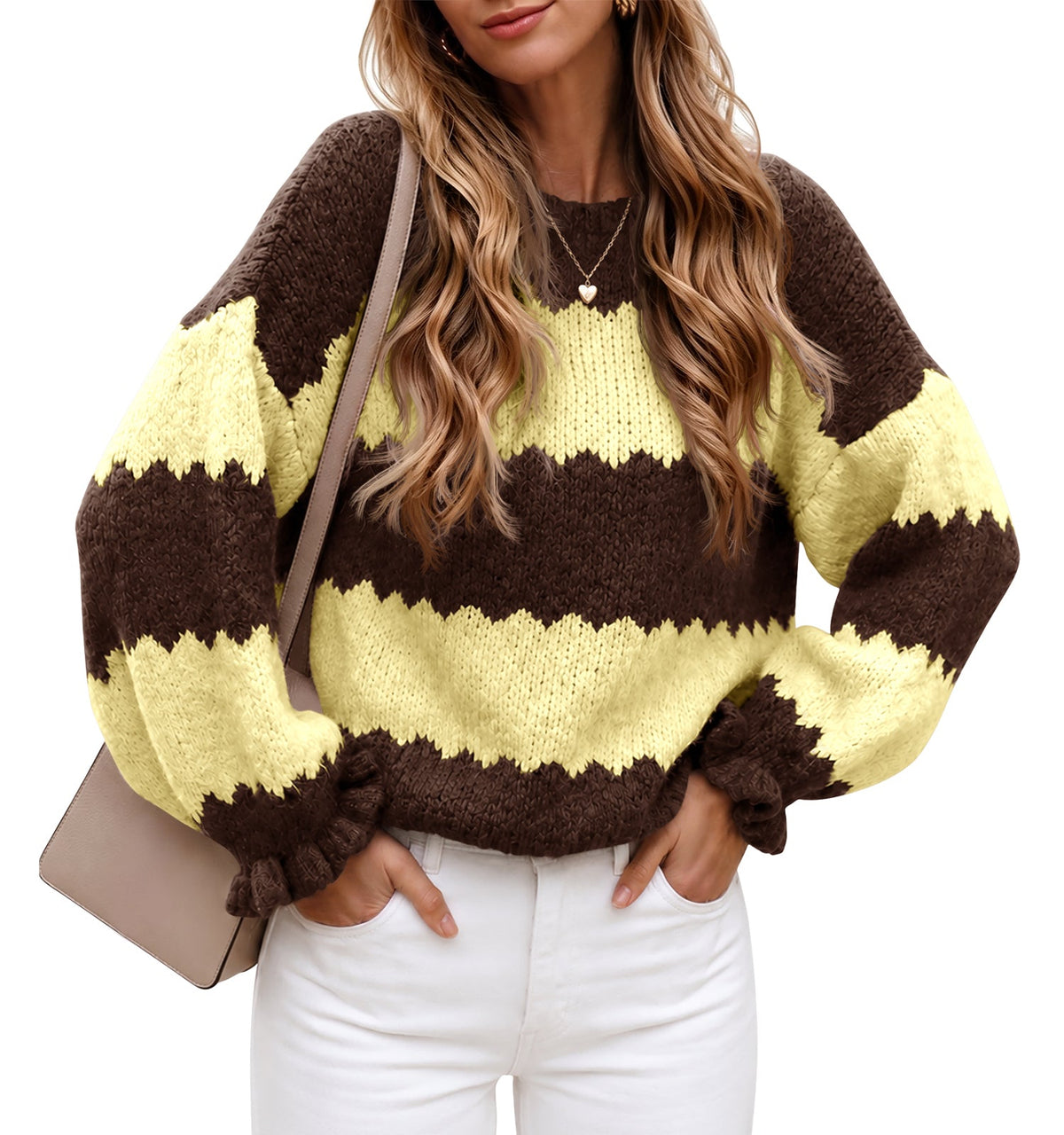 usvara Womens Striped Color Block Ruffle Sweaters