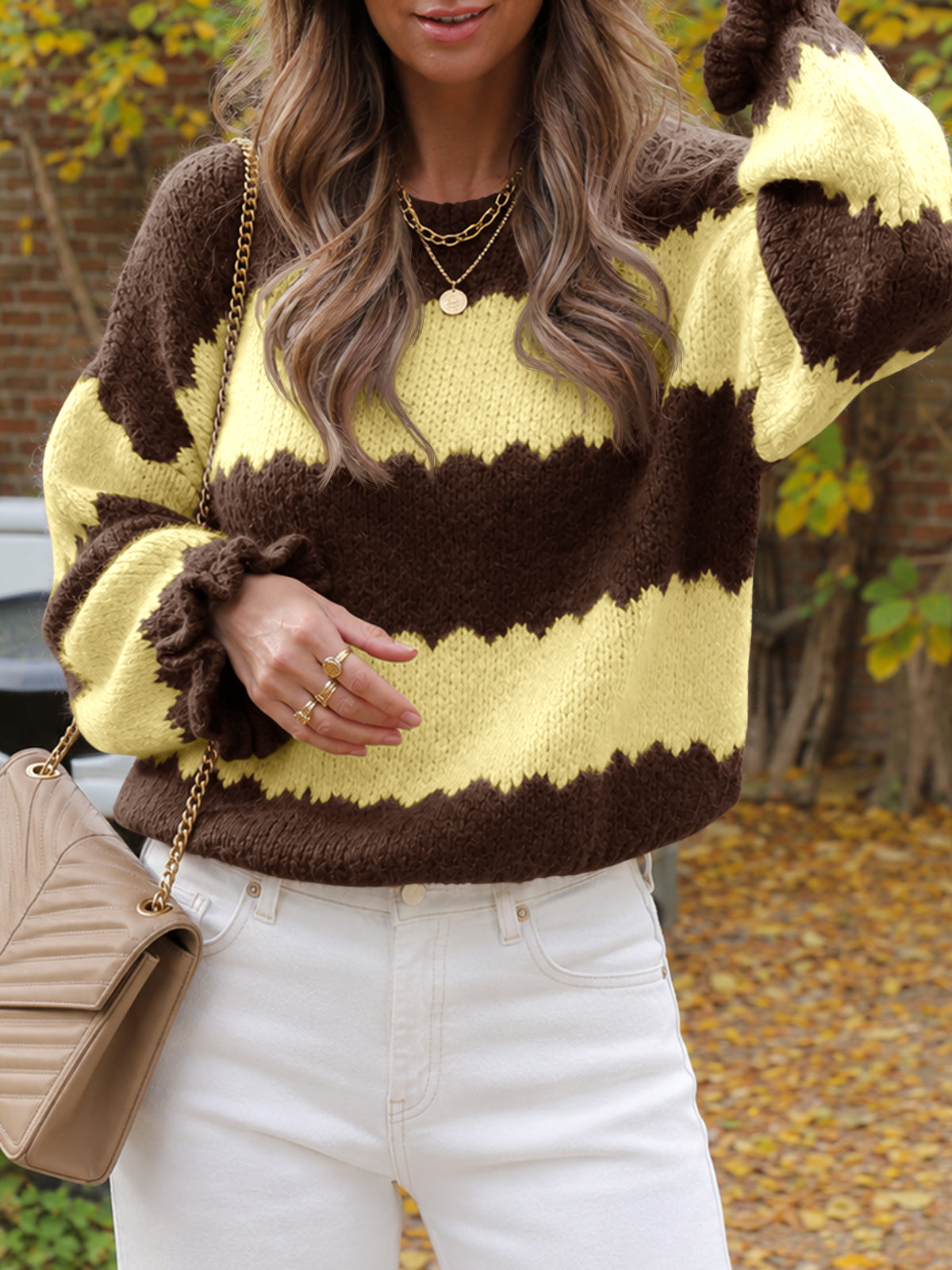 usvara Womens Striped Color Block Ruffle Sweaters