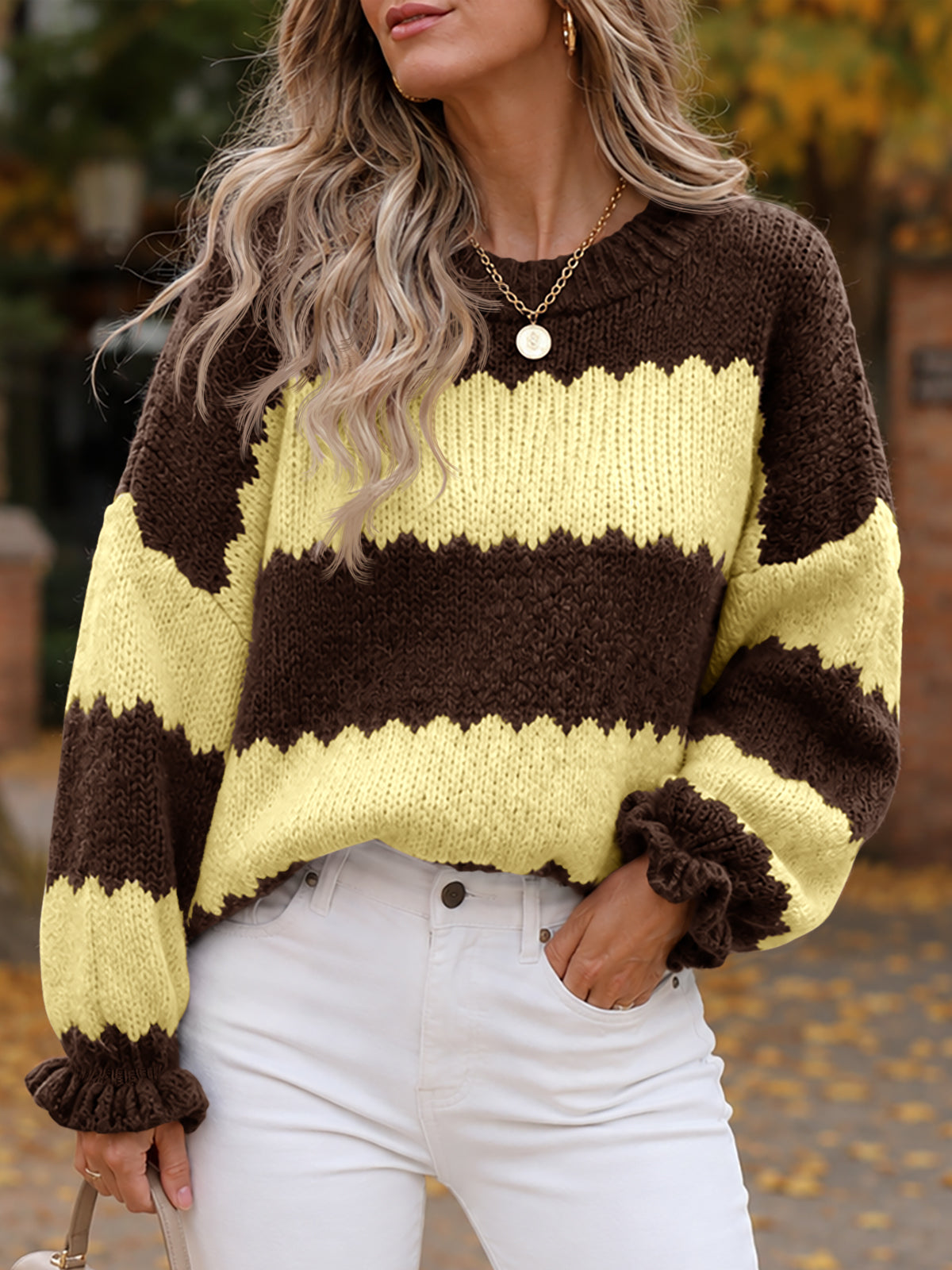 usvara Womens Striped Color Block Ruffle Sweaters