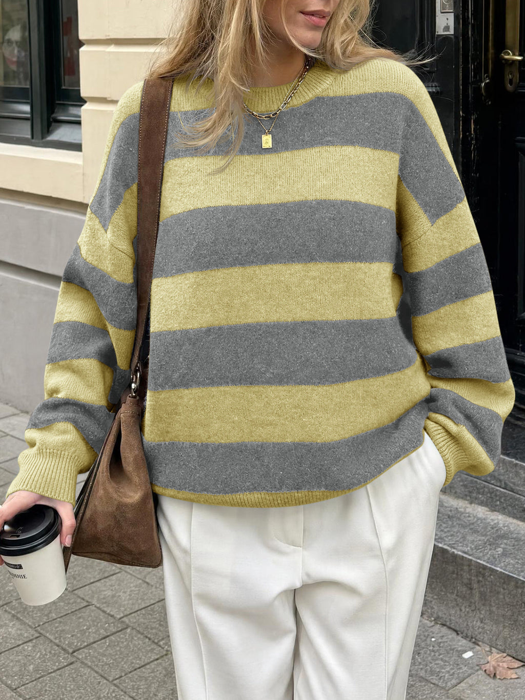 usvara Womens Oversized Striped Knit Block Sweaters
