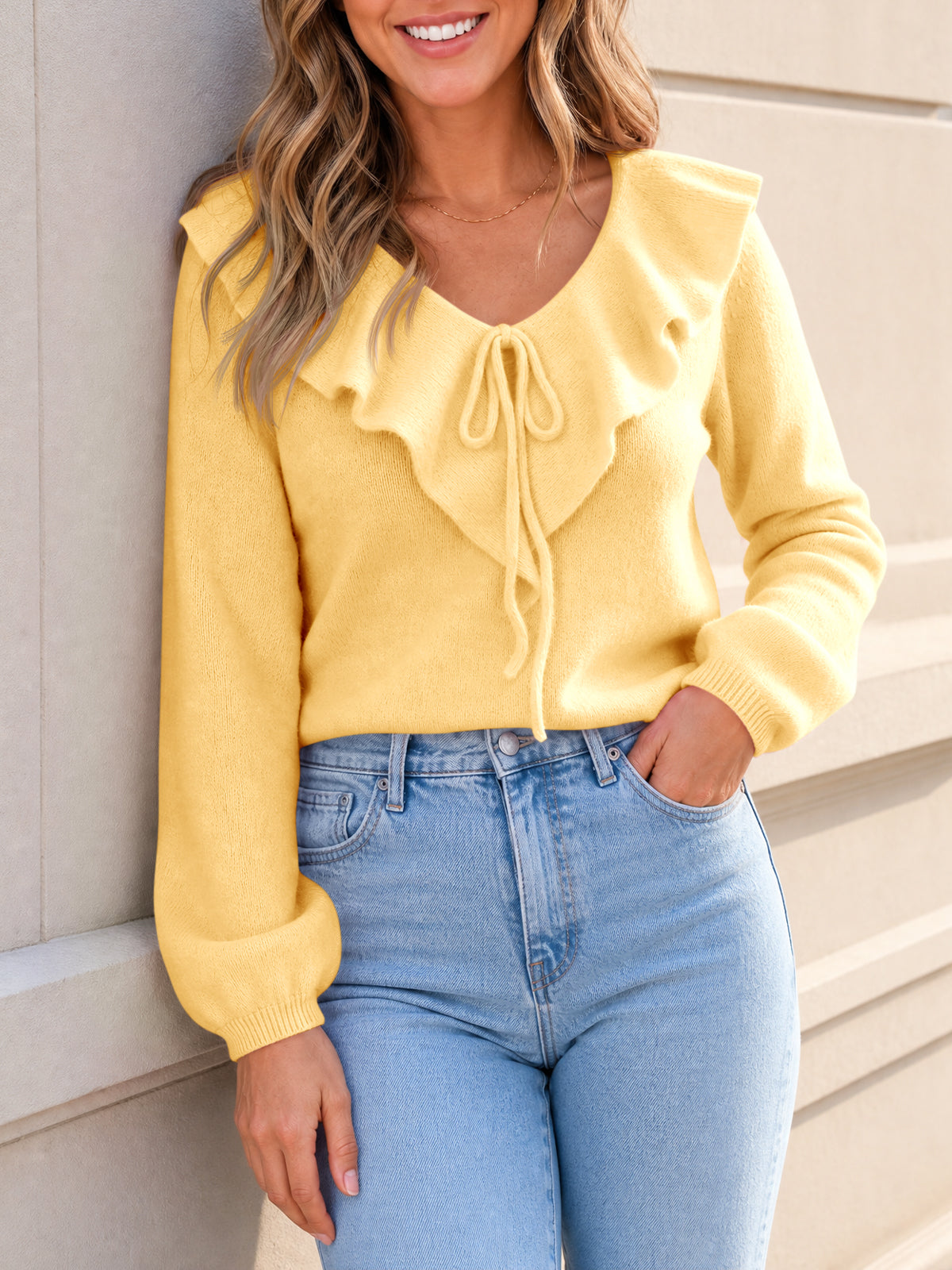 usvara Womens Ruffle V Neck Sweaters