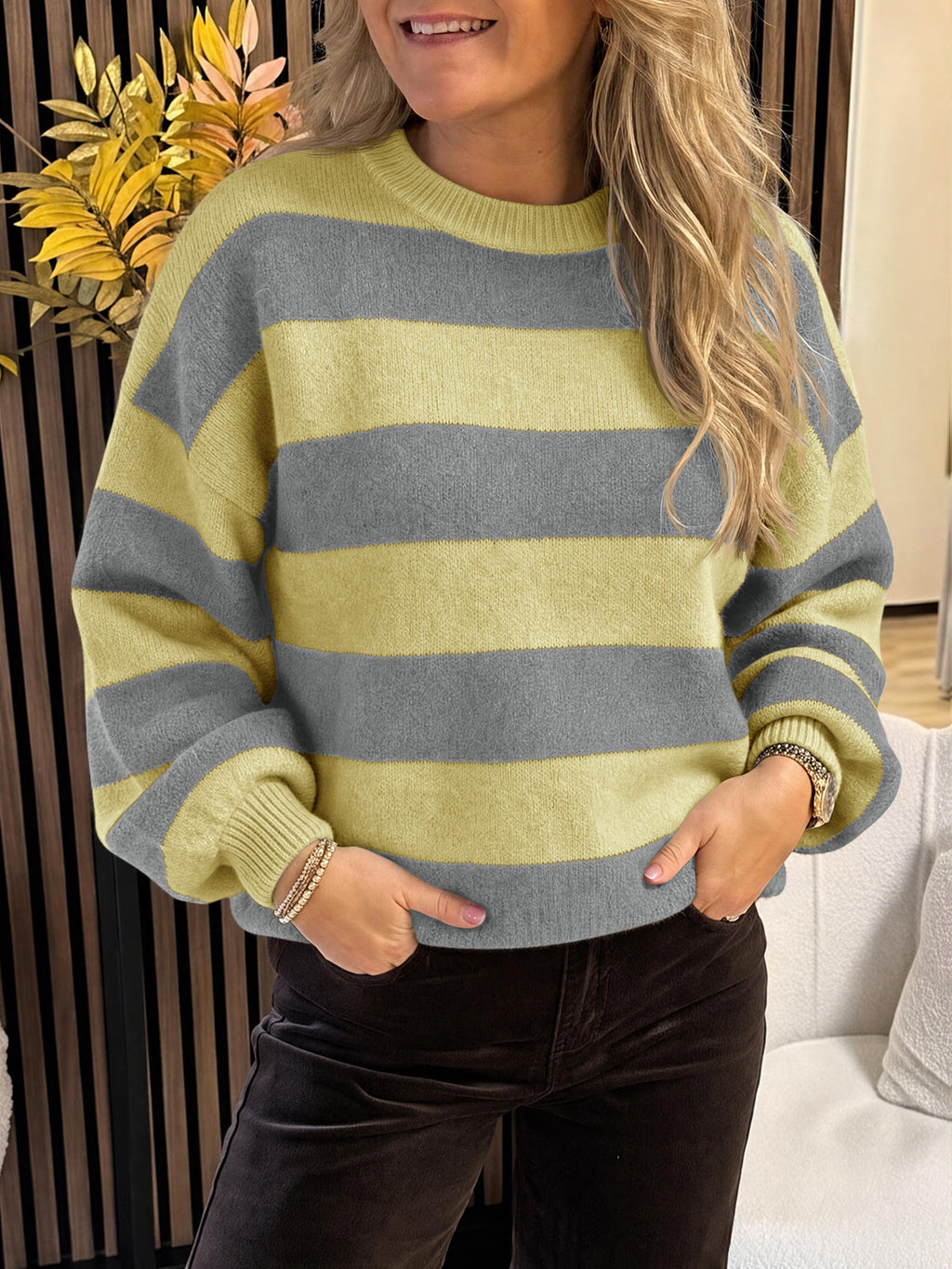 usvara Womens Oversized Striped Knit Block Sweaters