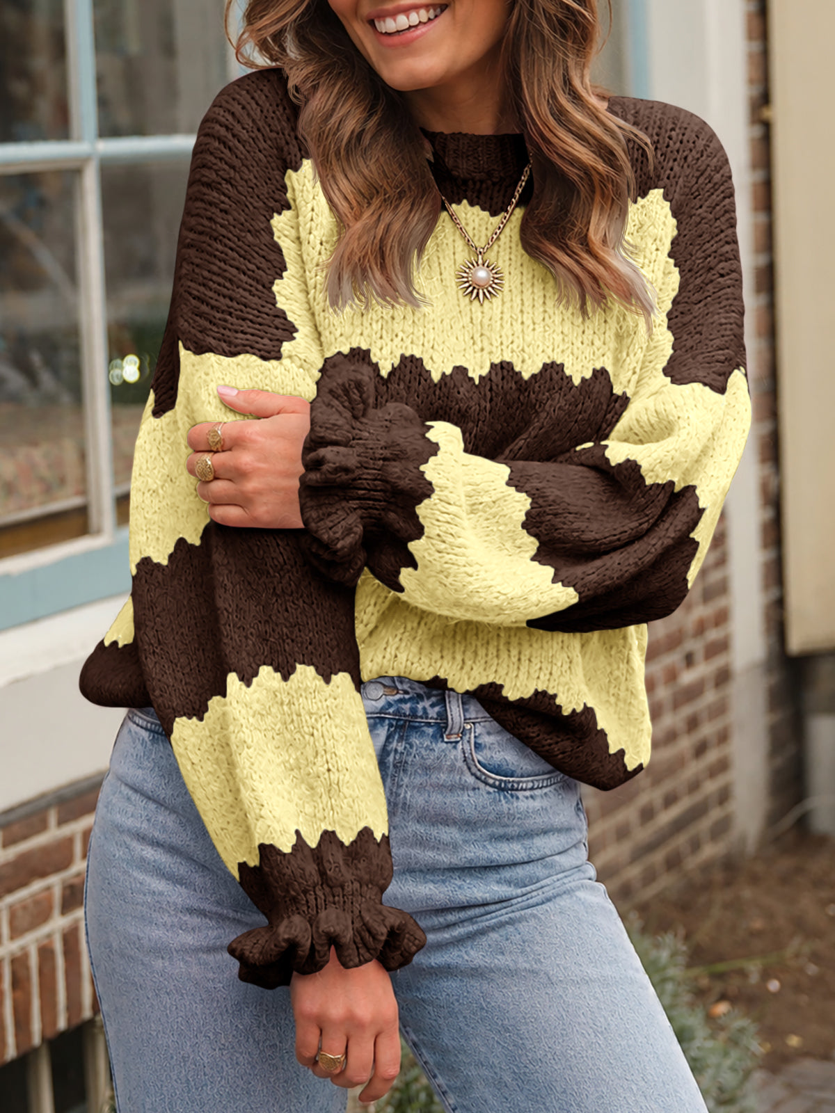 usvara Womens Striped Color Block Ruffle Sweaters