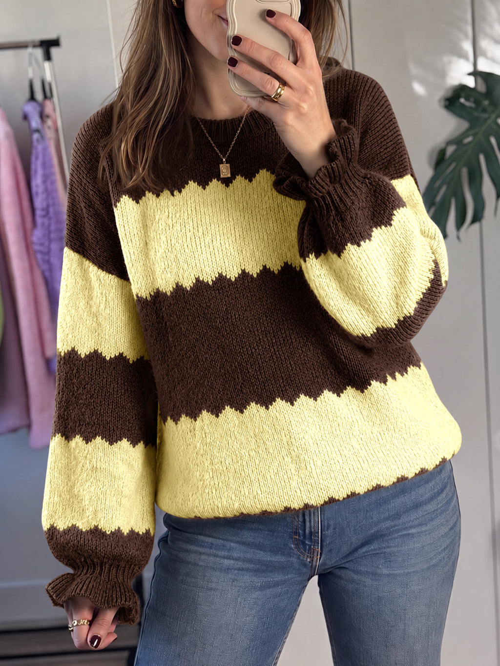 usvara Womens Striped Color Block Ruffle Sweaters