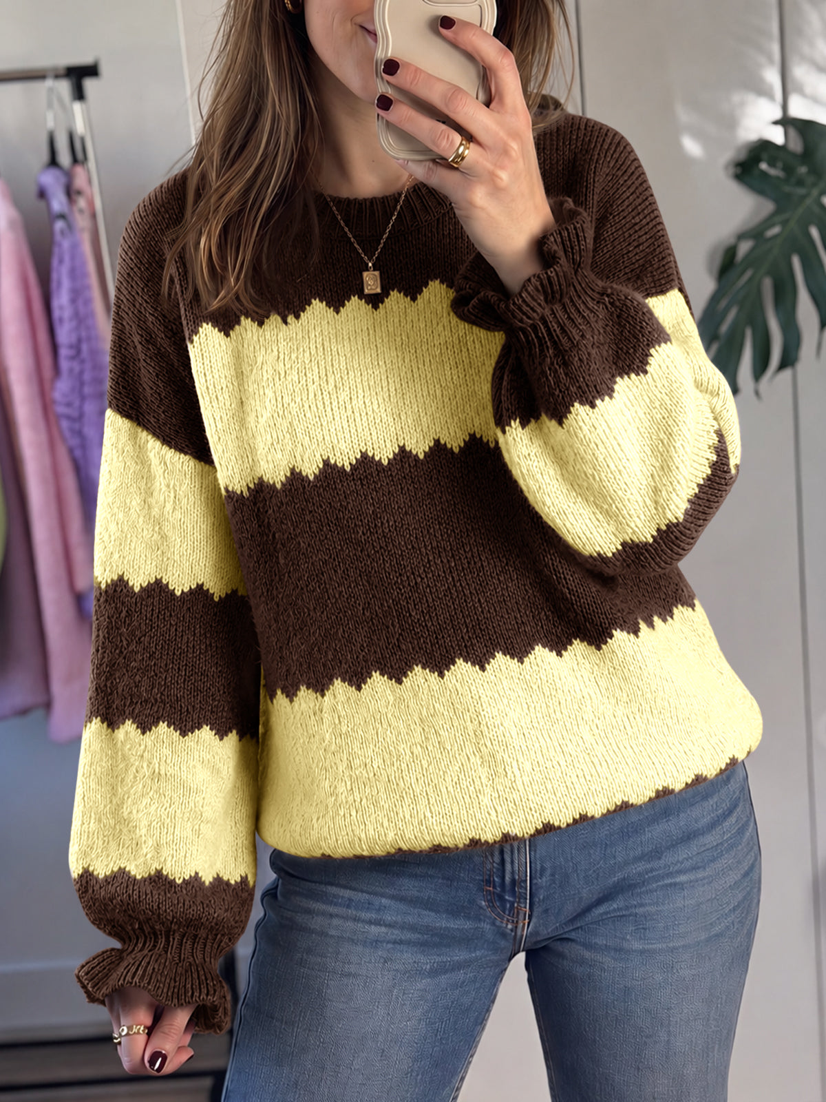 usvara Womens Striped Color Block Ruffle Sweaters