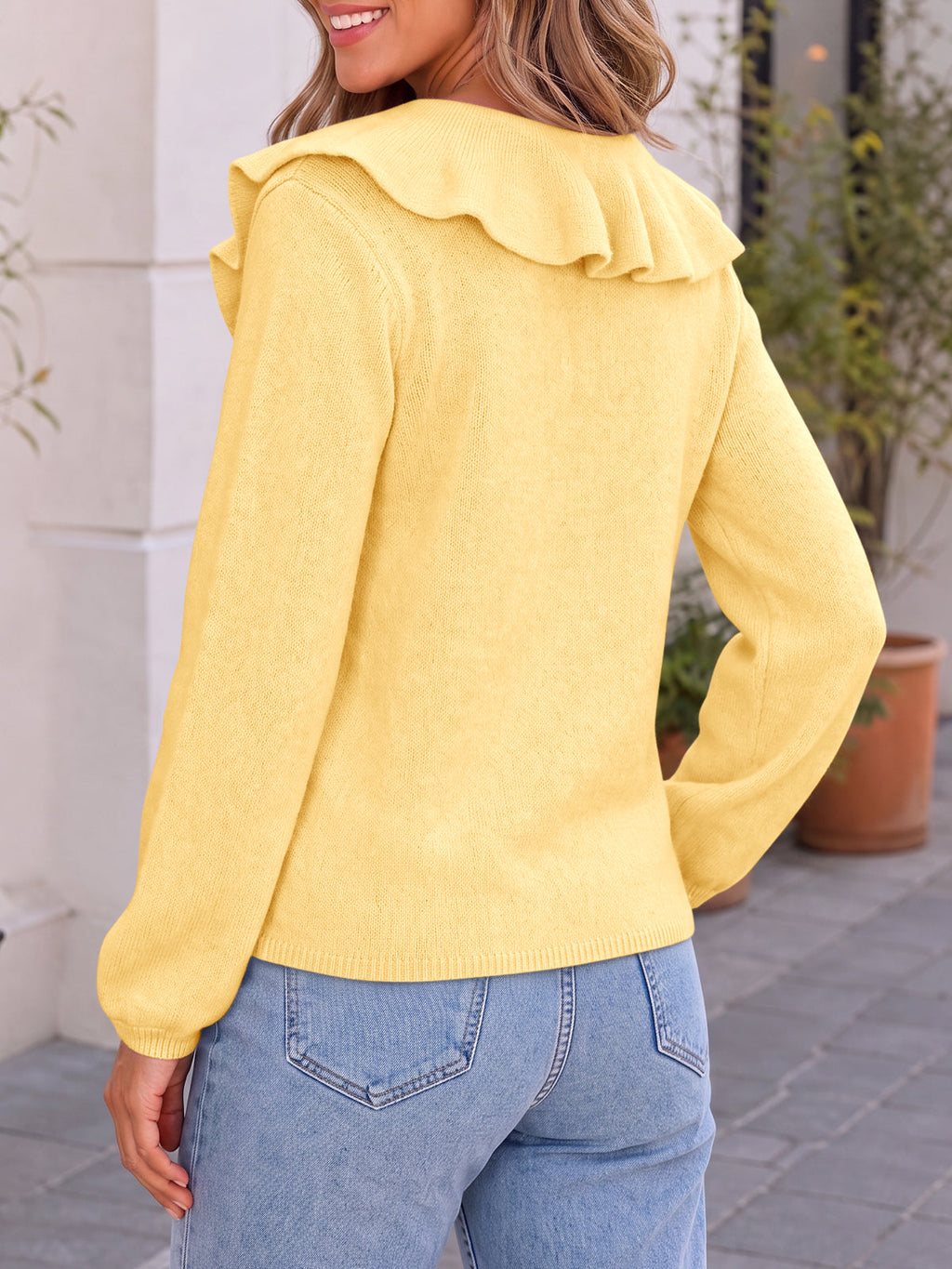 usvara Womens Ruffle V Neck Sweaters