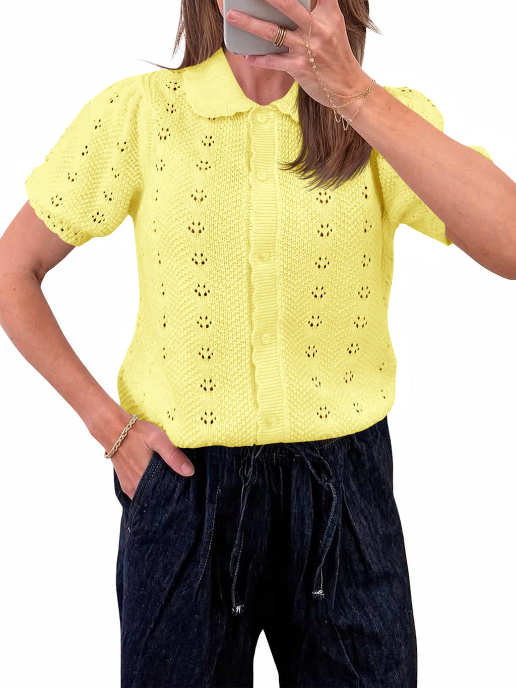 usvara Women Crochet Puff Sleeve Cardigan