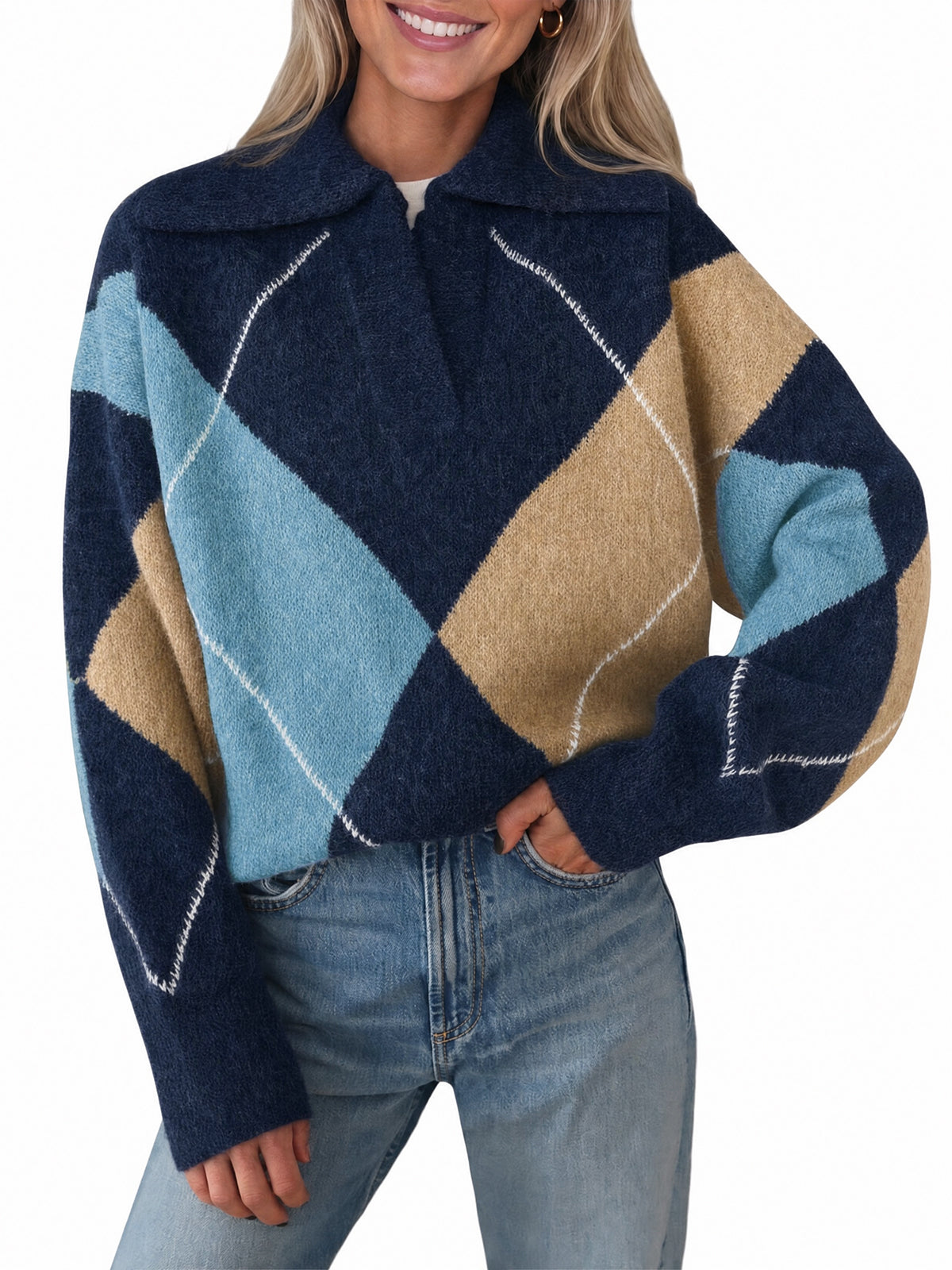 usvara Womens Collared V Neck Argyle Sweater