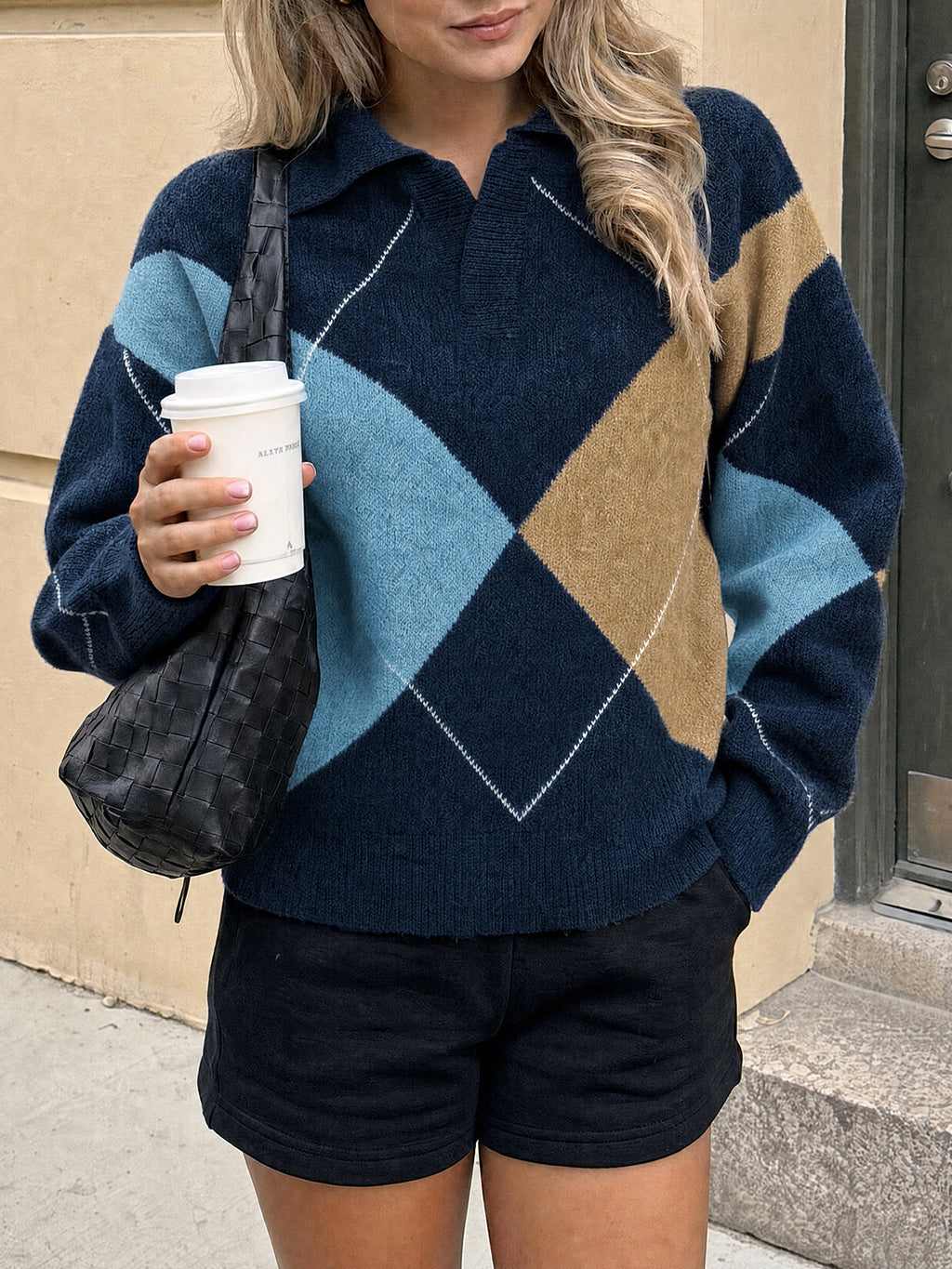 usvara Womens Collared V Neck Argyle Sweater