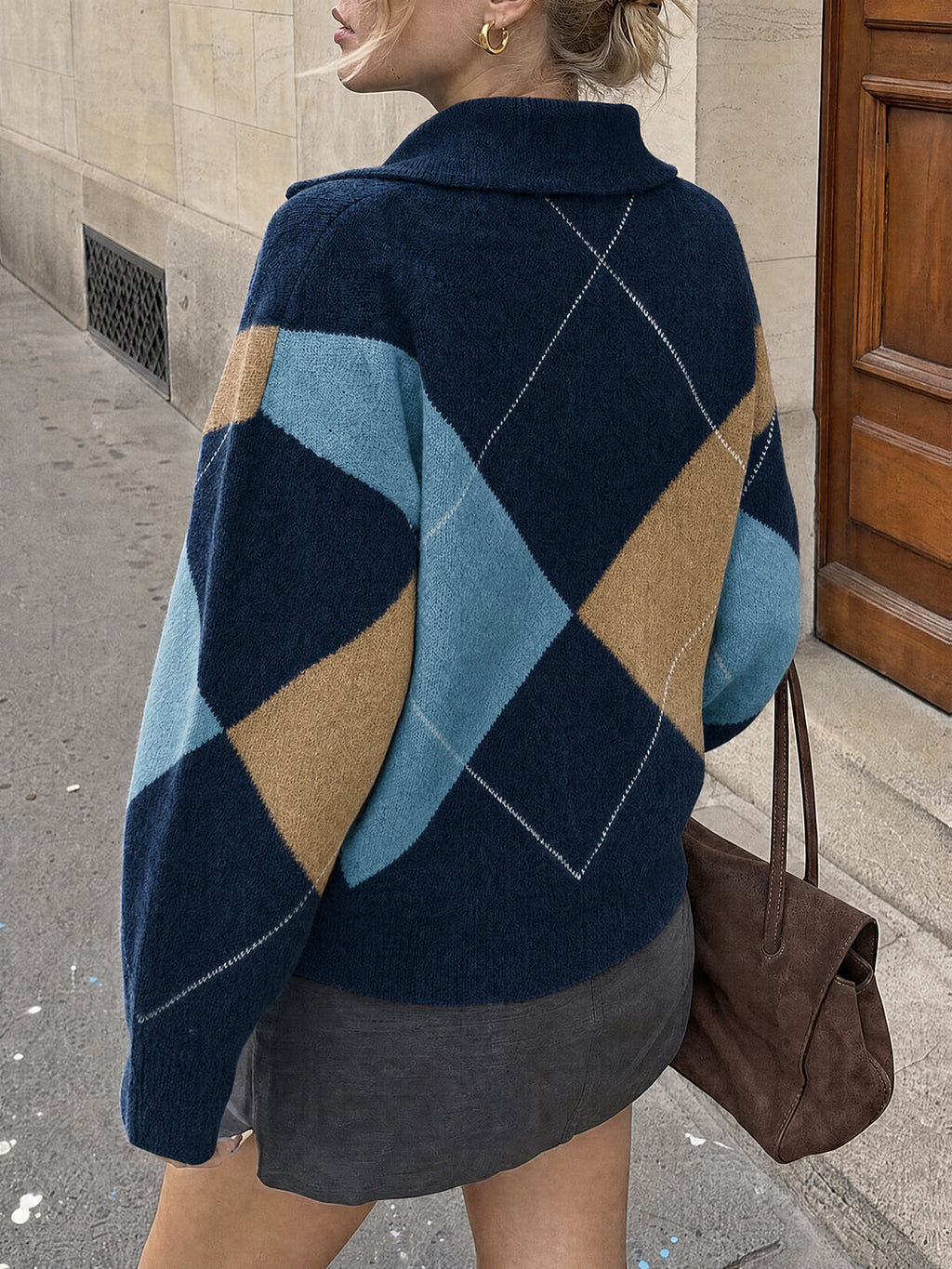usvara Womens Collared V Neck Argyle Sweater