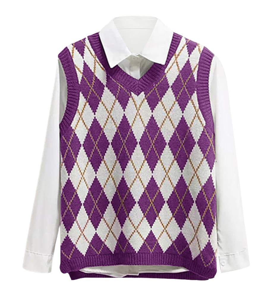 usvara Womens V Neck Argyle Knit Tops