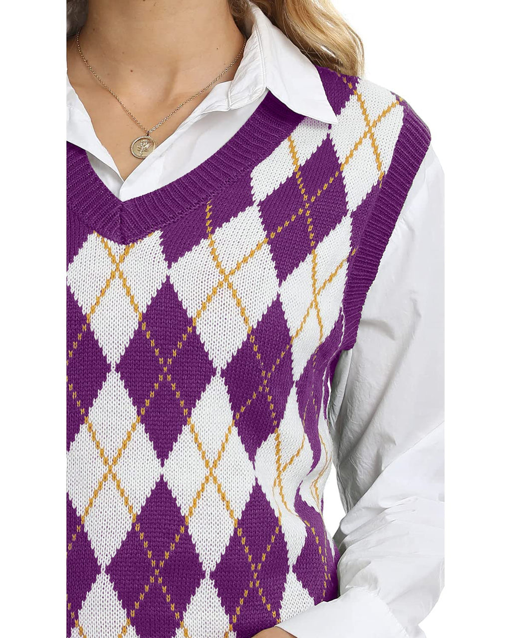 usvara Womens V Neck Argyle Knit Tops