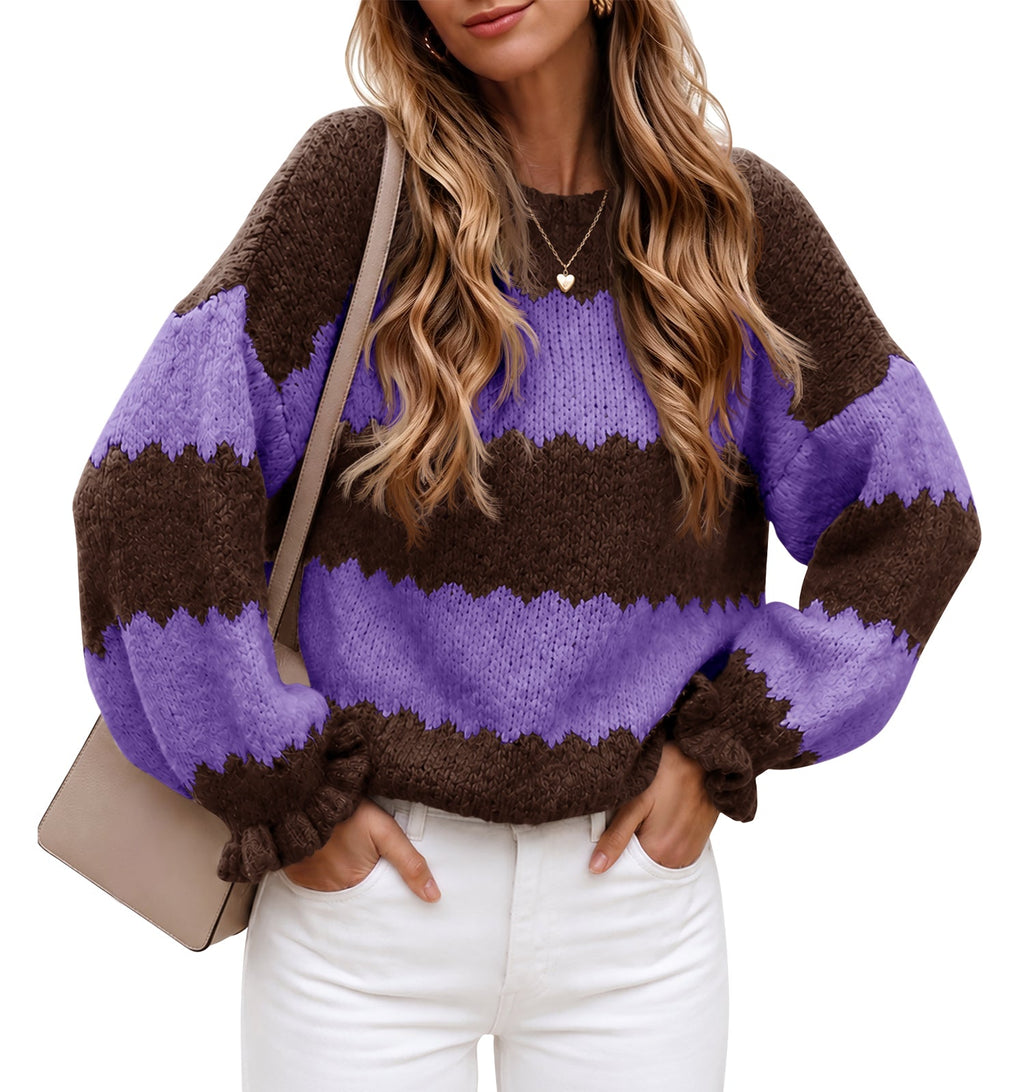 usvara Womens Striped Color Block Ruffle Sweaters