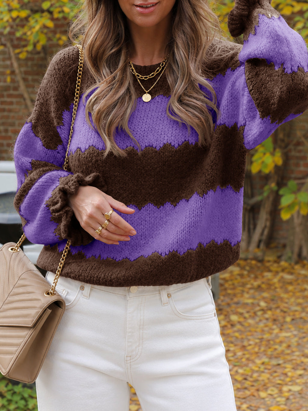 usvara Womens Striped Color Block Ruffle Sweaters