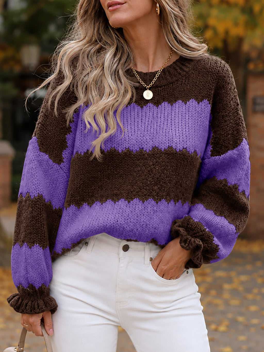 usvara Womens Striped Color Block Ruffle Sweaters