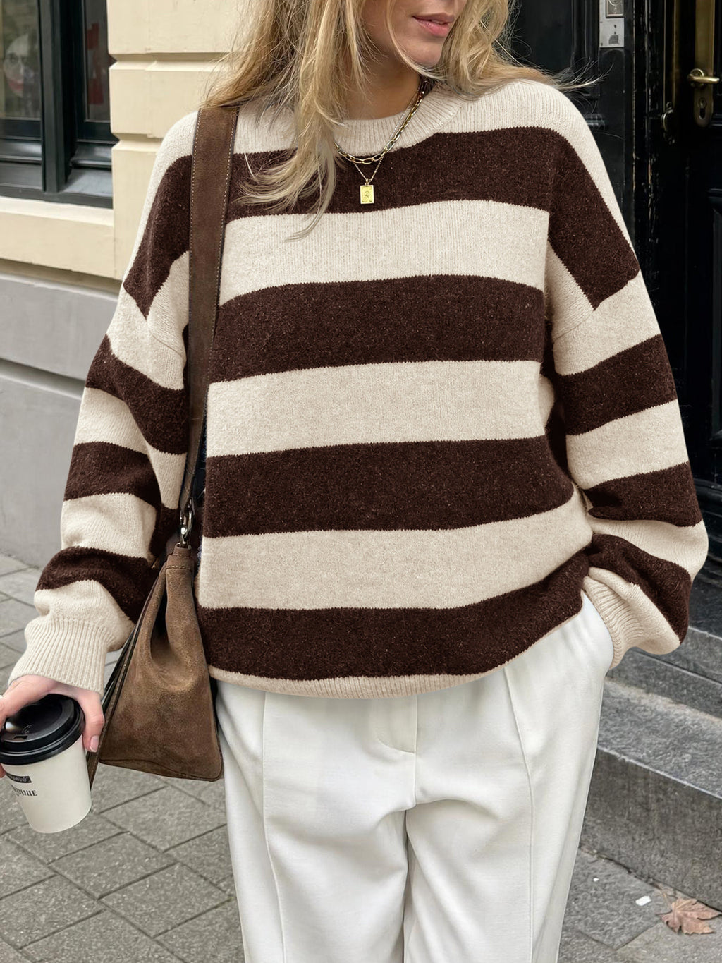 usvara Womens Oversized Striped Knit Block Sweaters