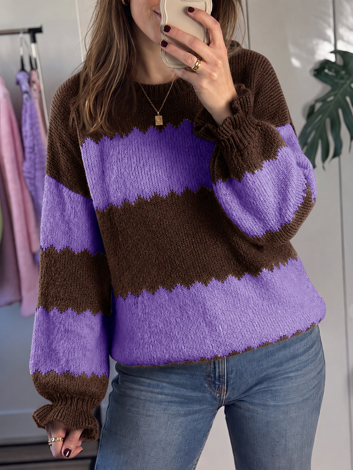 usvara Womens Striped Color Block Ruffle Sweaters